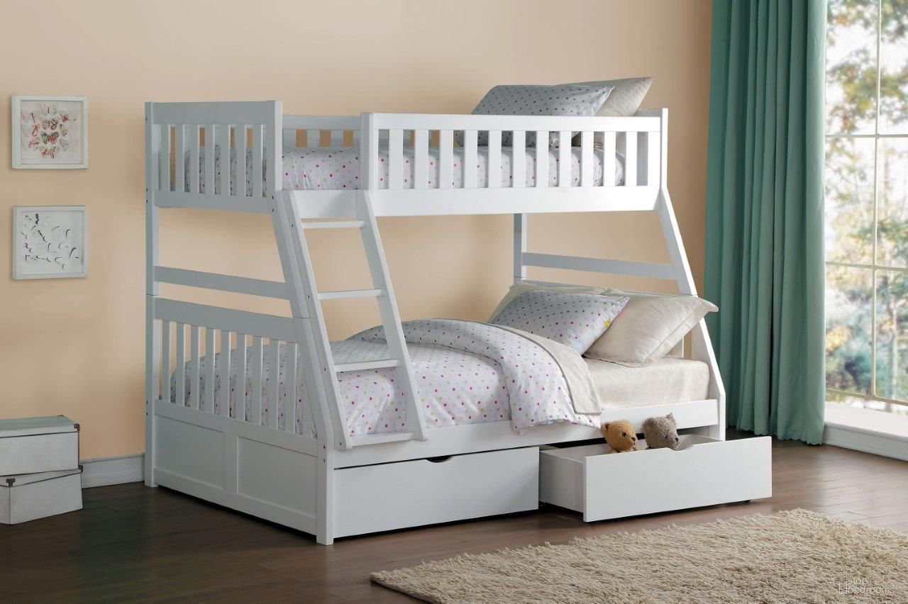 The appearance of Galen White Youth Bunk Bedroom Set With Storage Boxes designed by Homelegance in the transitional interior design. This white piece of furniture was selected by 1StopBedrooms from Galen Collection to add a touch of cosiness and style into your home. Sku: B2053TFW-1-T;B2053W-4. Bed Type: Bunk Bed. Material: Wood. Bed Size: Twin Over Full.