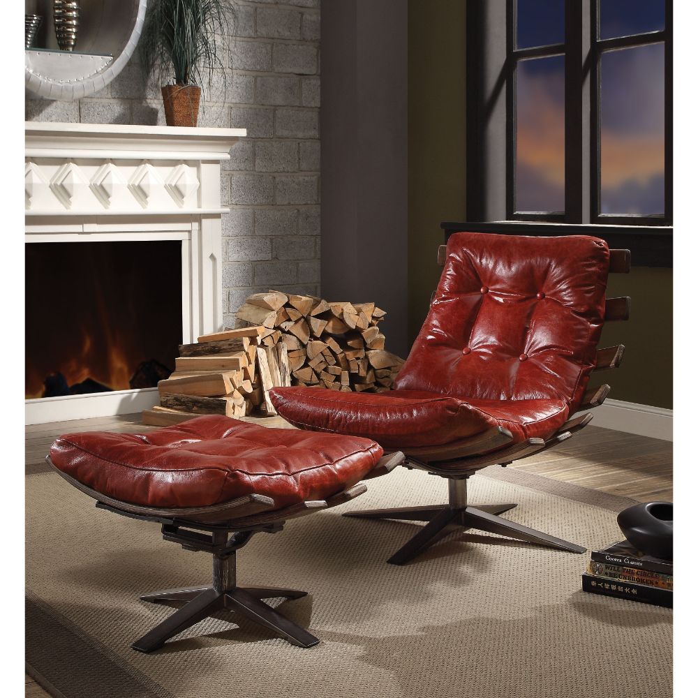 Leather Master Red Leather Lounge Chair and Ottoman - A Pair