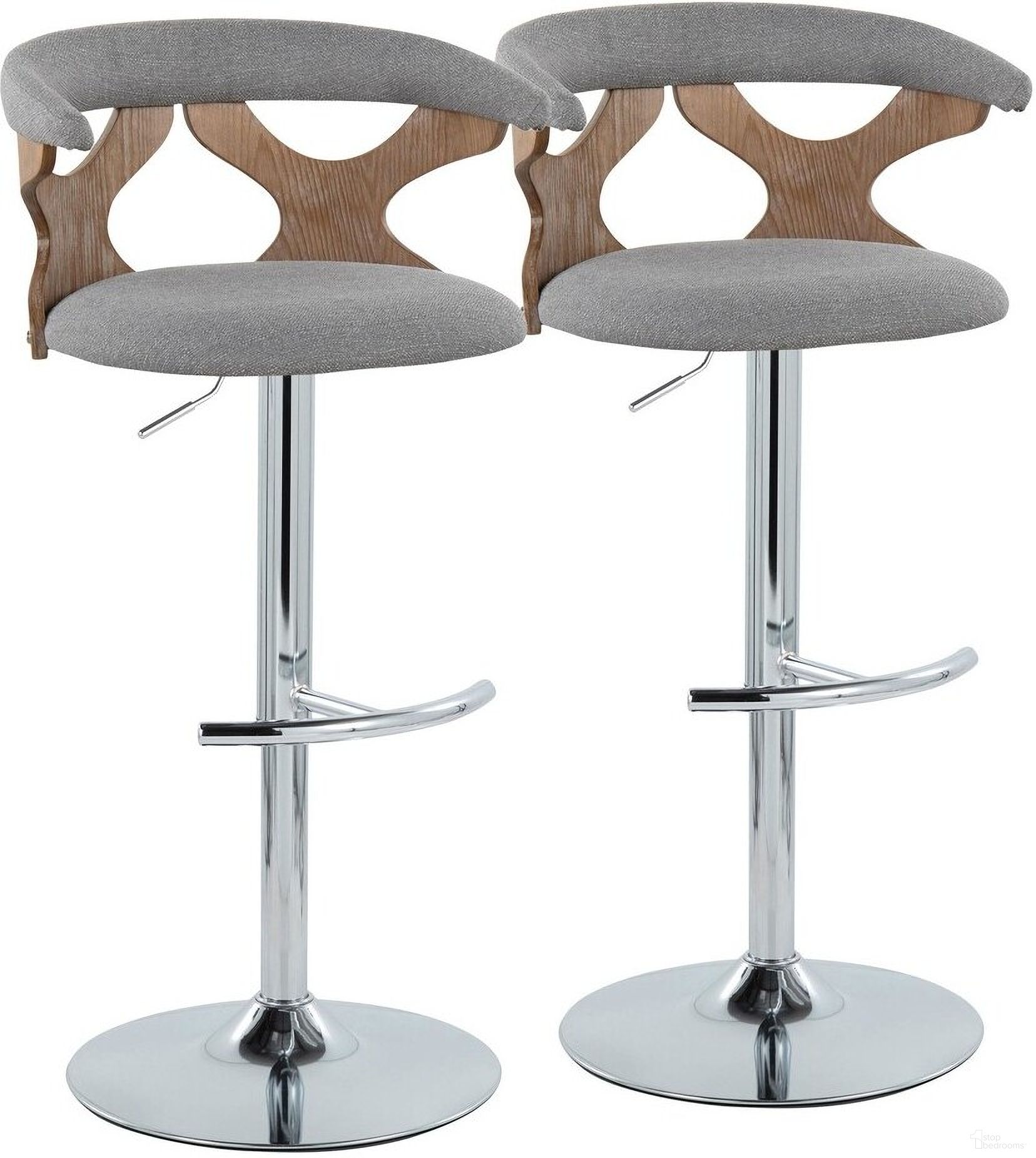 The appearance of Gardenia Adjustable Barstool Set of 2 In Gray designed by Lumisource in the modern / contemporary interior design. This gray piece of furniture was selected by 1StopBedrooms from Gardenia Collection to add a touch of cosiness and style into your home. Sku: BS-GARDFB-RT2 CHRWWLGY2. Material: Wood.