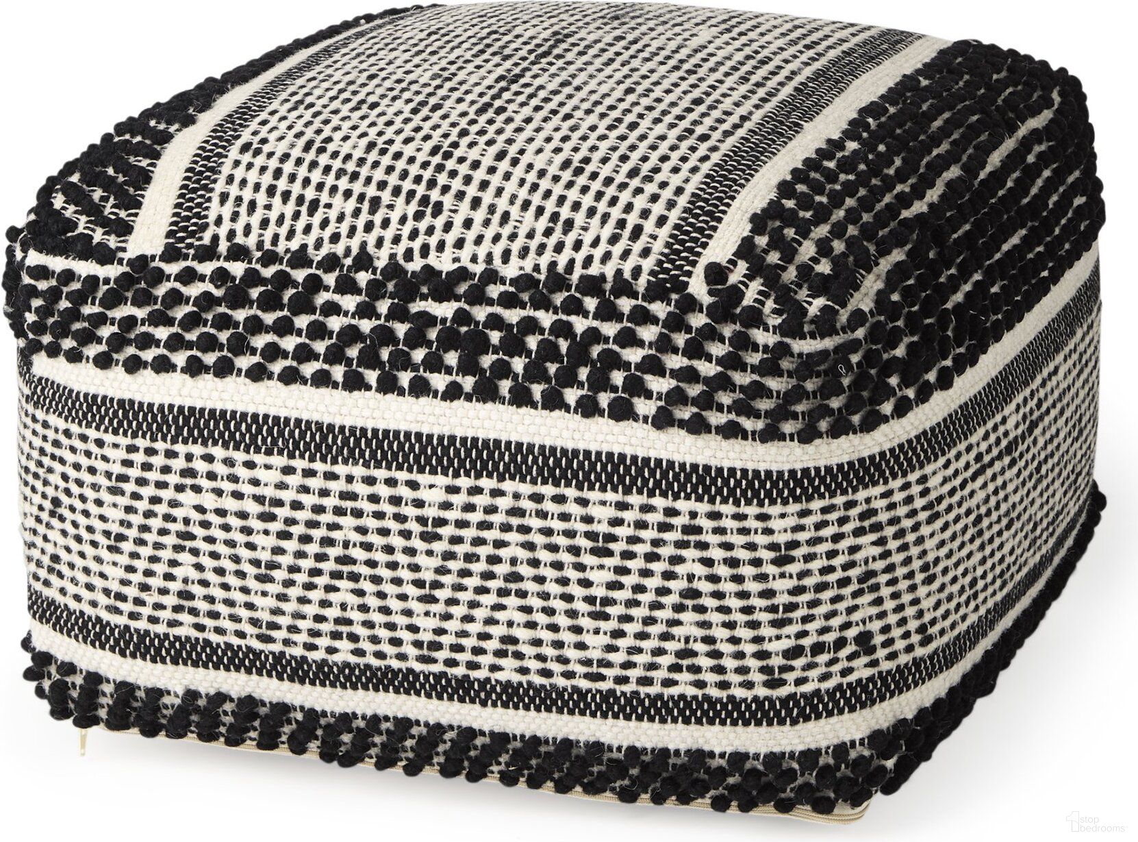 The appearance of Garima Wool and Cotton Patterned Pouf In Black and White designed by Mercana in the modern / contemporary interior design. This black/white piece of furniture  was selected by 1StopBedrooms from Garima Collection to add a touch of cosiness and style into your home. Sku: 69524. Material: Wool.