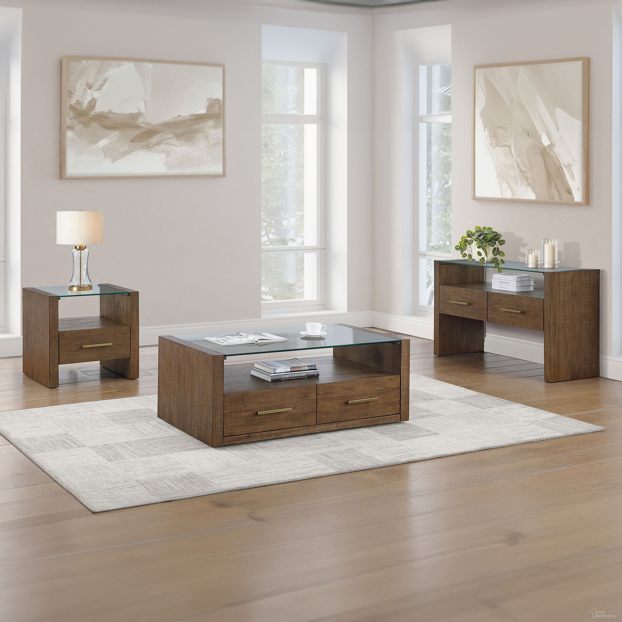 The appearance of Garland Glass Top Occasional Table Set In Brown designed by Steve Silver in the transitional interior design. This brown piece of furniture was selected by 1StopBedrooms from Garland Collection to add a touch of cosiness and style into your home. Sku: GA100C;GA100E. Material: Acacia.