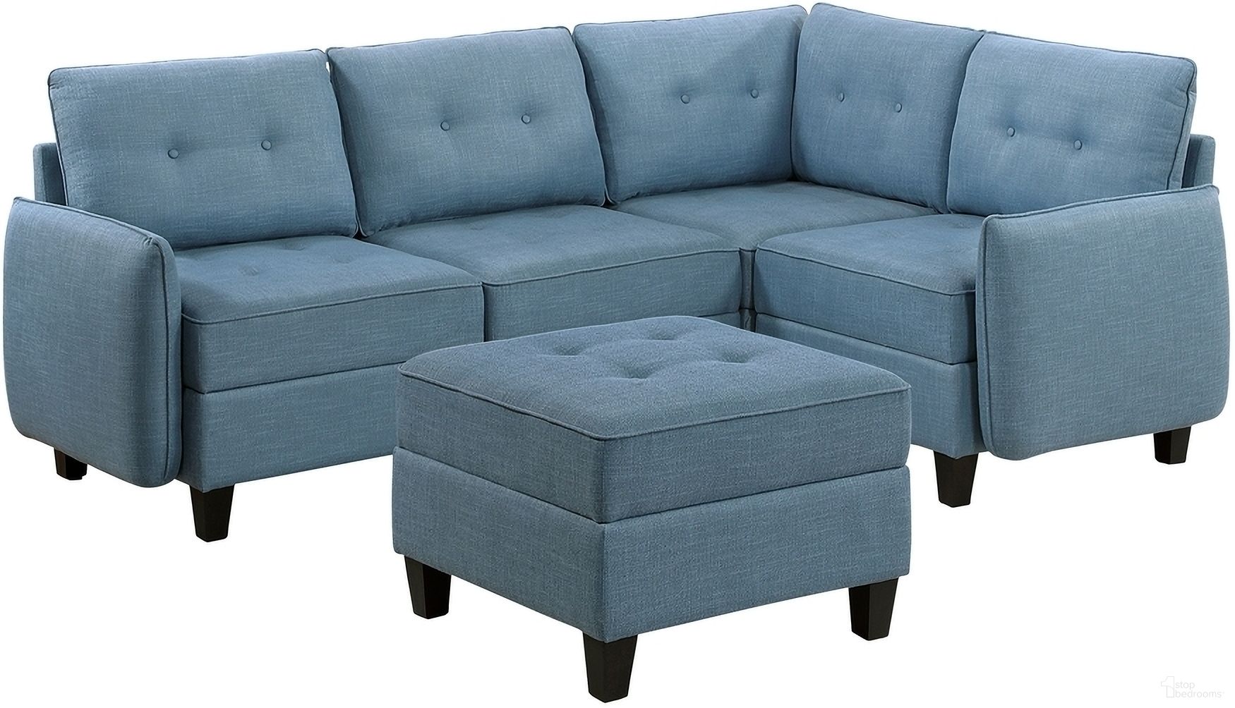 The appearance of Garren 5-Piece Sectional with Storage and Ottoman In Blue designed by Homelegance in the transitional interior design. This blue piece of furniture  was selected by 1StopBedrooms from Garren Collection to add a touch of cosiness and style into your home. Sku: 9557BUE-C1A;9557BUE-C1A;9557BUE-AC;9557BUE-CR;9557BUE-4. Material: Textured.