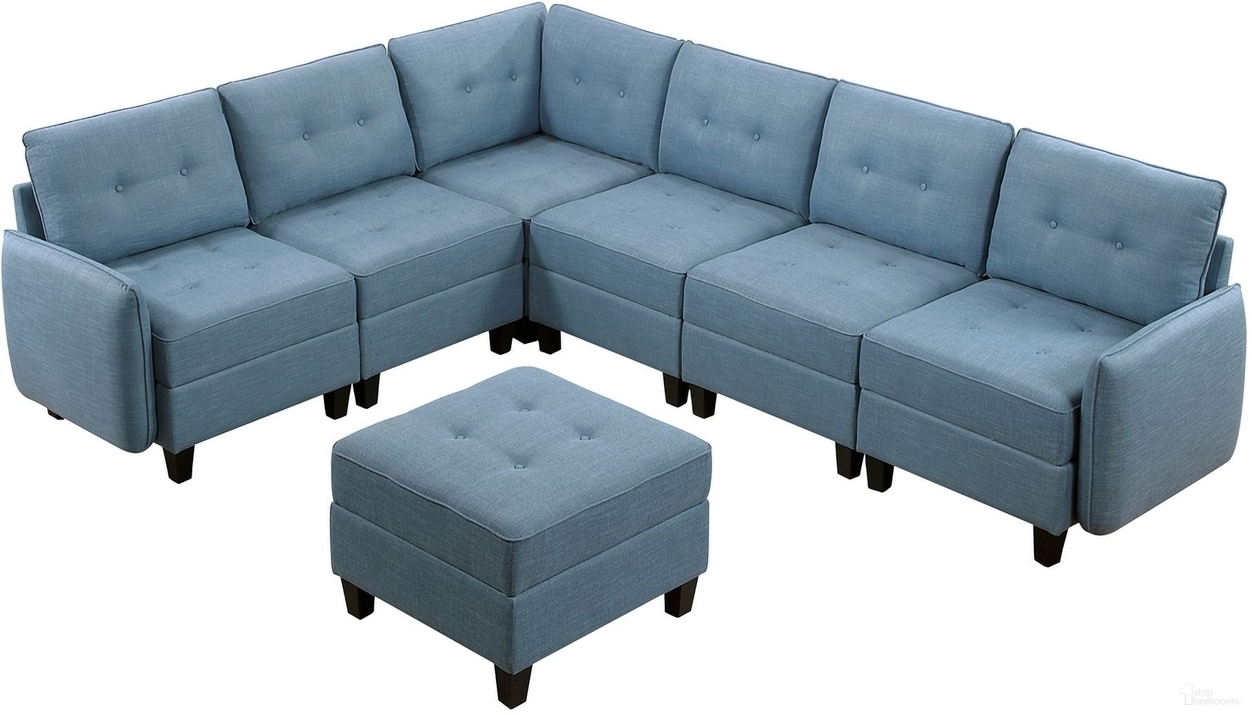 The appearance of Garren 7-Piece Sectional with Storage and Ottoman In Blue designed by Homelegance in the transitional interior design. This blue piece of furniture  was selected by 1StopBedrooms from Garren Collection to add a touch of cosiness and style into your home. Sku: 9557BUE-C1A;9557BUE-C1A;9557BUE-AC;9557BUE-AC;9557BUE-AC;9557BUE-CR;9557BUE-4. Material: Textured.