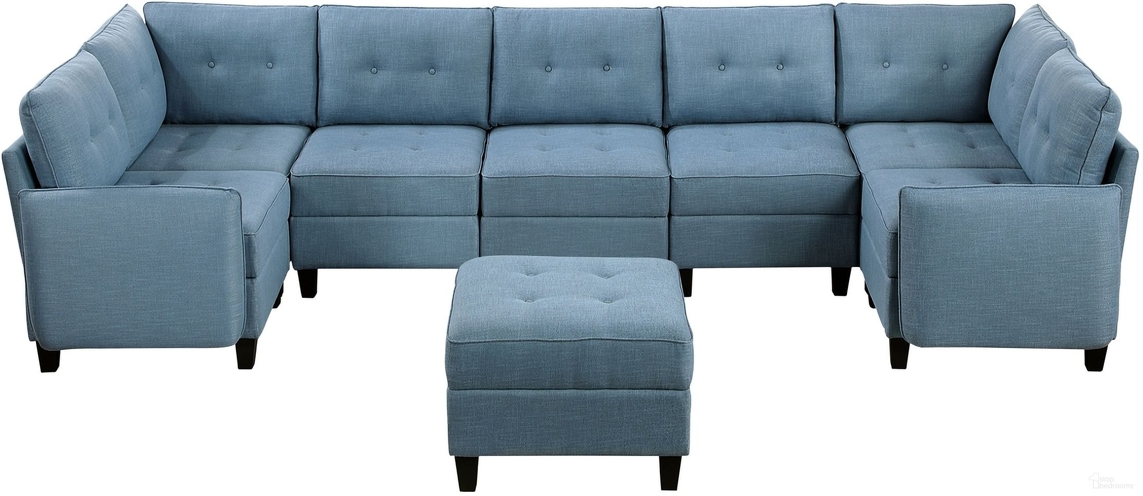 The appearance of Garren 8-Piece Sectional with Storage and Ottoman In Blue designed by Homelegance in the transitional interior design. This blue piece of furniture  was selected by 1StopBedrooms from Garren Collection to add a touch of cosiness and style into your home. Sku: 9557BUE-C1A;9557BUE-C1A;9557BUE-AC;9557BUE-AC;9557BUE-AC;9557BUE-CR;9557BUE-CR;9557BUE-4. Material: Textured.