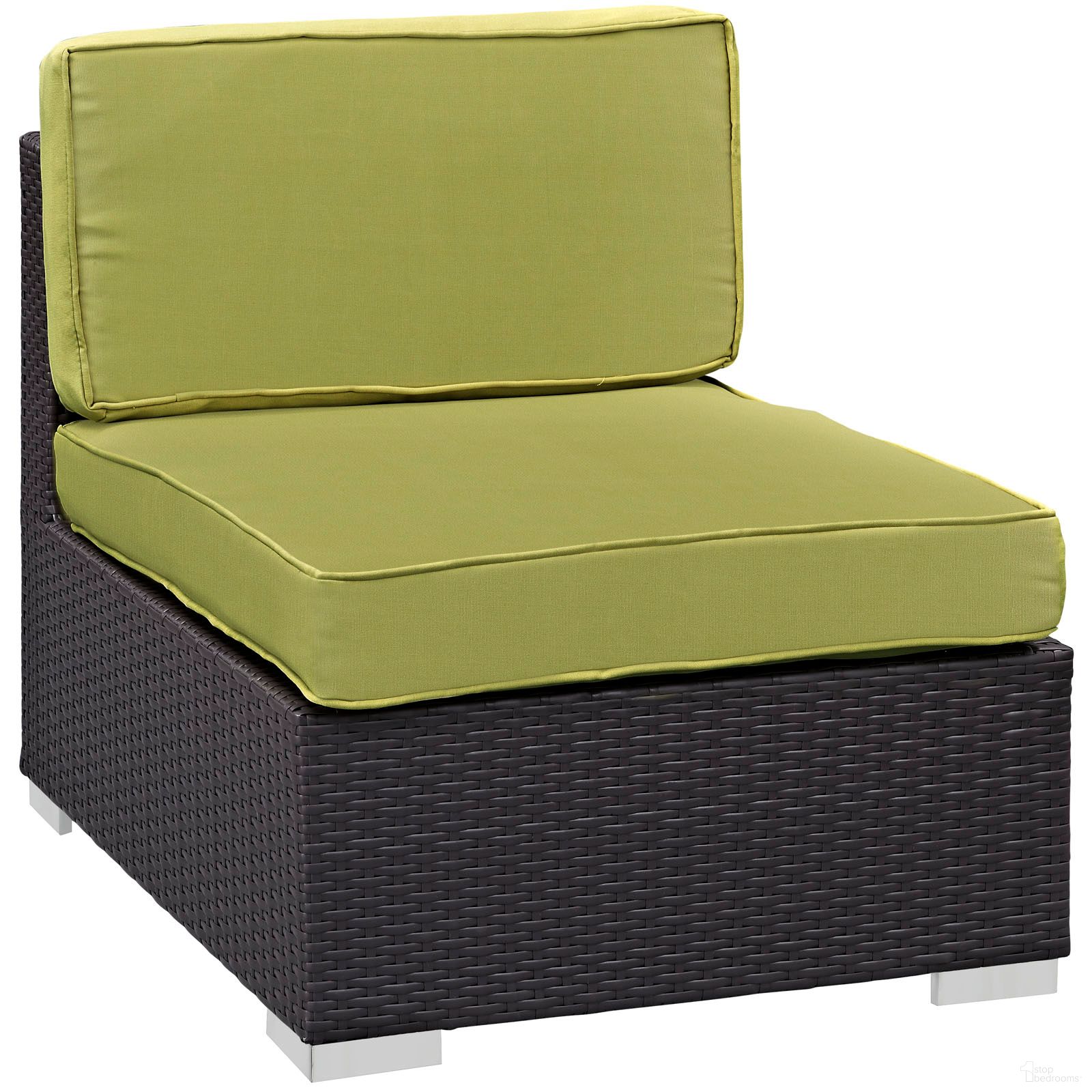 The appearance of Gather Armless Outdoor Patio Sectional In Espresso and Peridot designed by Modway in the modern / contemporary interior design. This espresso/peridot piece of furniture  was selected by 1StopBedrooms from Gather Collection to add a touch of cosiness and style into your home. Sku: EEI-1696-EXP-PER. Material: Aluminum.