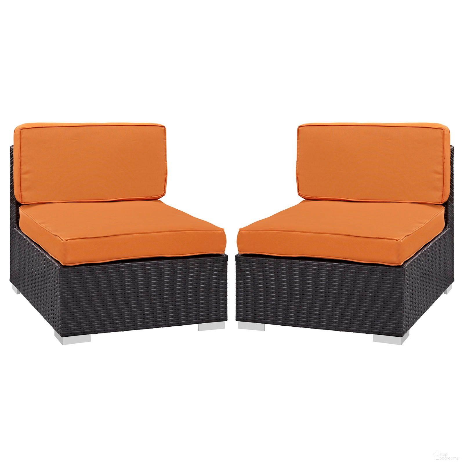 The appearance of Gather Outdoor Patio Armless Chair Set of 2 In Espresso and Orange designed by Modway in the modern / contemporary interior design. This espresso/orange piece of furniture  was selected by 1StopBedrooms from Gather Collection to add a touch of cosiness and style into your home. Sku: EEI-1692-EXP-ORA. Material: Aluminum.