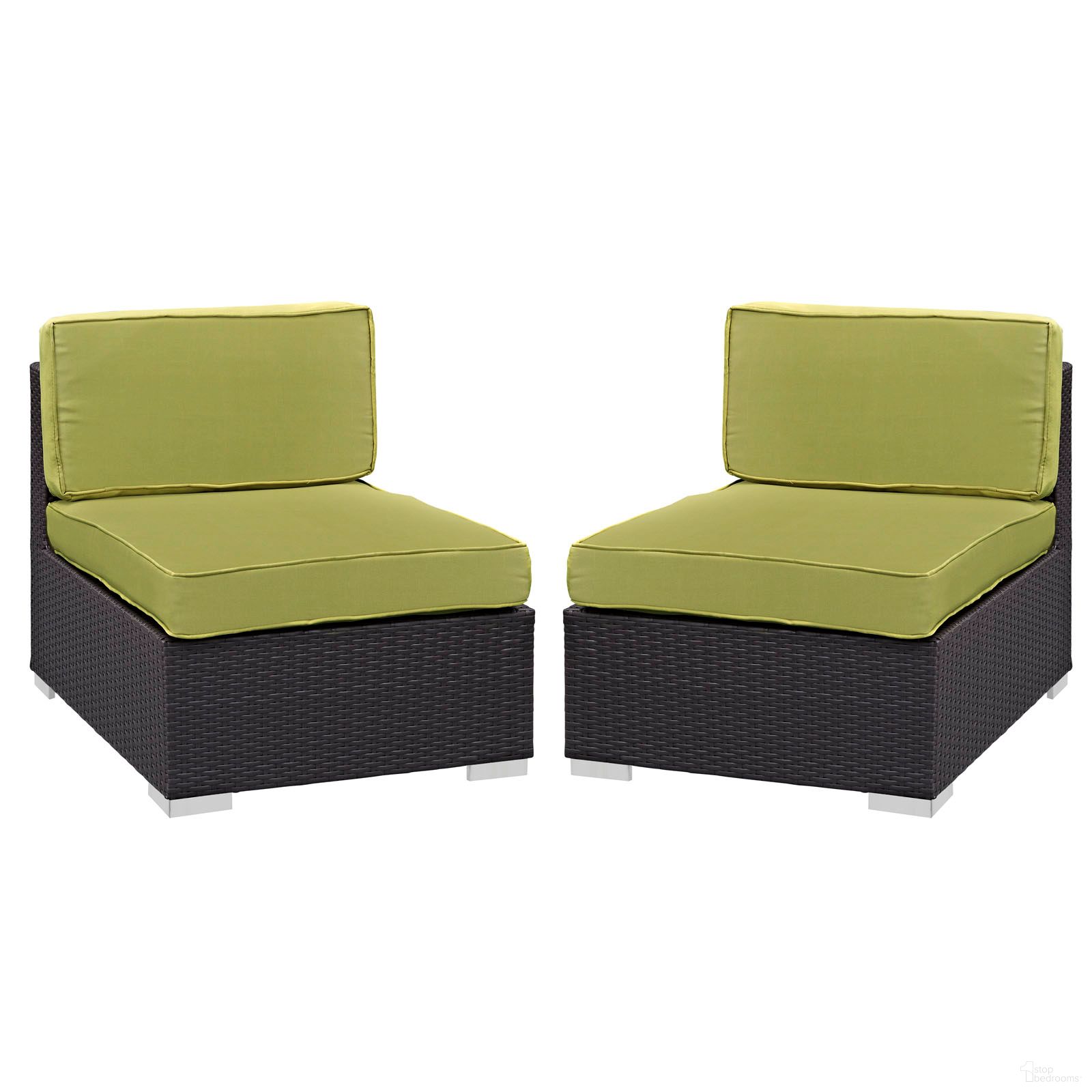 The appearance of Gather Outdoor Patio Armless Chair Set of 2 In Espresso and Peridot designed by Modway in the modern / contemporary interior design. This espresso/peridot piece of furniture was selected by 1StopBedrooms from Gather Collection to add a touch of cosiness and style into your home. Sku: EEI-1692-EXP-PER. Material: Aluminum.