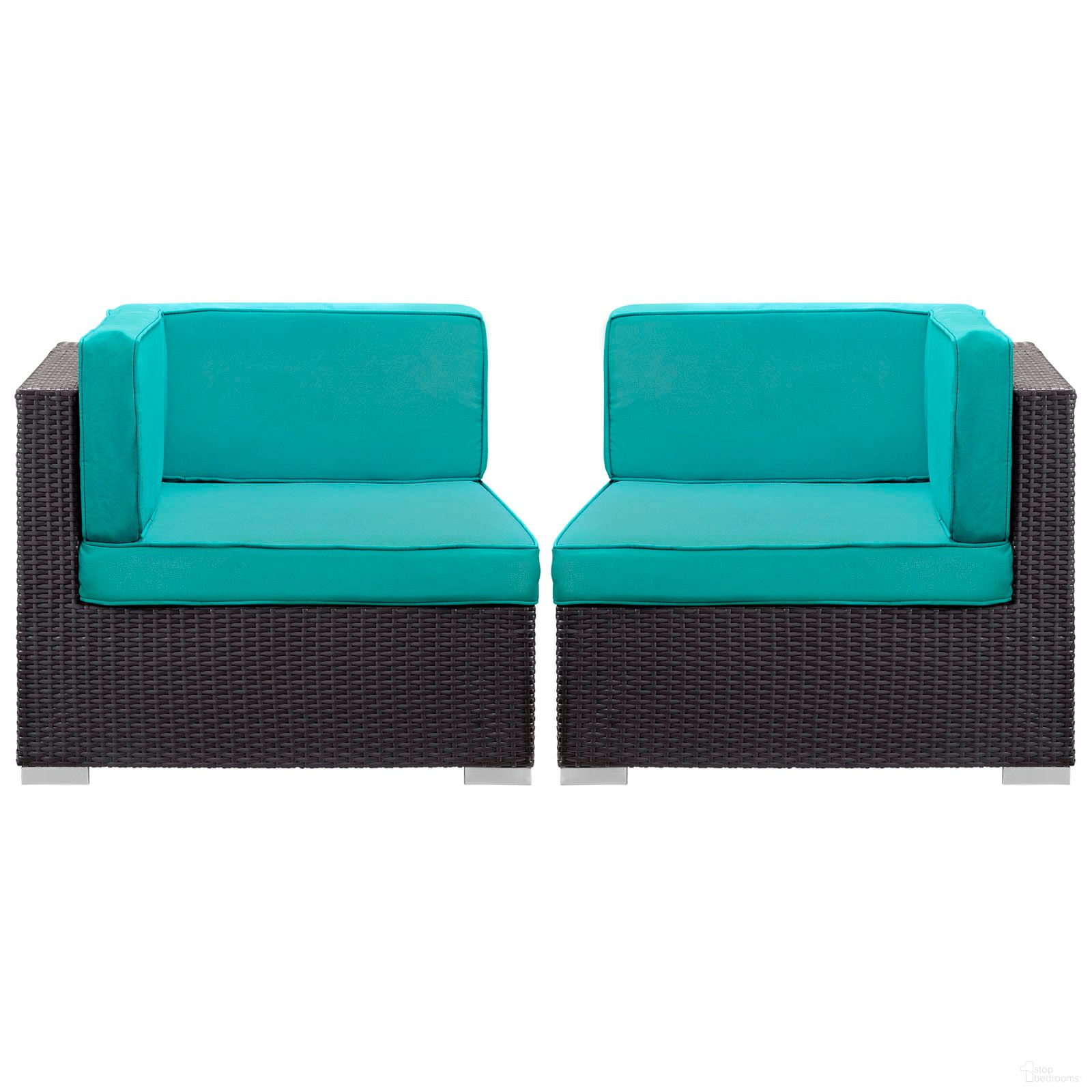 The appearance of Gather Outdoor Patio Corner Sectional Set of 2 In Espresso and Turquoise designed by Modway in the modern / contemporary interior design. This espresso/turquoise piece of furniture  was selected by 1StopBedrooms from Gather Collection to add a touch of cosiness and style into your home. Sku: EEI-1691-EXP-TRQ. Material: Aluminum.