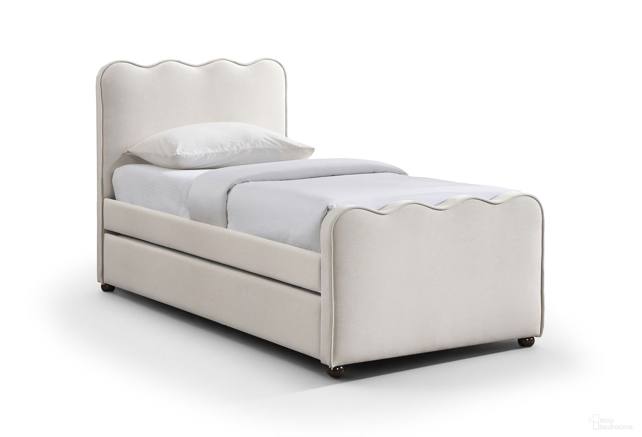 The appearance of Gatsby Mohair Velvet Upholstered Twin Trundle Bed In Cream designed by Meridian in the modern / contemporary interior design. This cream piece of furniture  was selected by 1StopBedrooms from Gatsby Collection to add a touch of cosiness and style into your home. Sku: GatsbyCream-T Box 1/2 (Headboard / Footboard / Slats);GatsbyCream-T Box 2/2 (Side Rail / Trundle Panel). Bed Type: Platform Bed. Bed Size: Twin. Material: MDF.