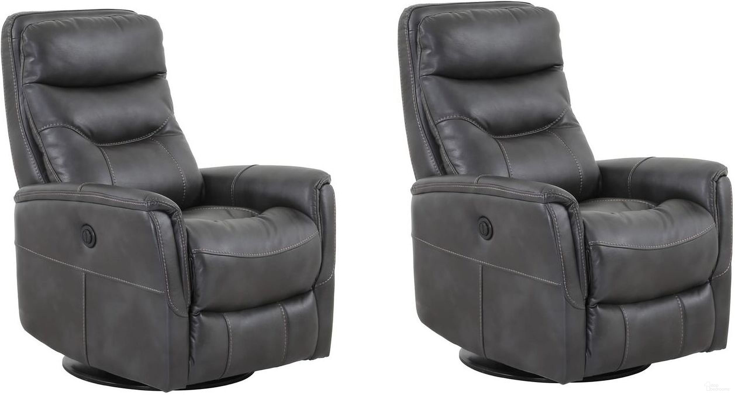 The appearance of Gemini Power Swivel Glider Recliner Set of 2 In Flint designed by Parker House in the transitional interior design. This flint piece of furniture was selected by 1StopBedrooms from Gemini Collection to add a touch of cosiness and style into your home. Sku: MGEM#812GSPB-FLI;MGEM#812GSPB-FLI. Material: Polyester.