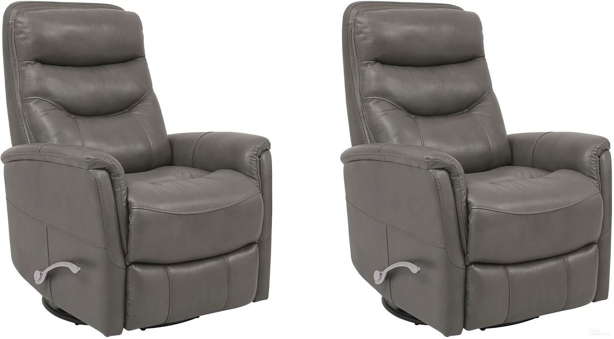 The appearance of Gemini Swivel Glider Recliner Set of 2 In Ice designed by Parker House in the transitional interior design. This ice piece of furniture  was selected by 1StopBedrooms from Gemini Collection to add a touch of cosiness and style into your home. Sku: MGEM#812GS-ICE;MGEM#812GS-ICE. Material: Leather.