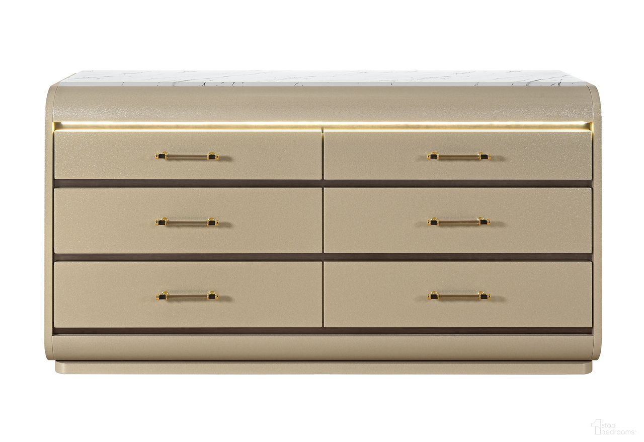 The appearance of Genesis Dresser with LED In Gold designed by Global Furniture USA in the modern / contemporary interior design. This gold piece of furniture was selected by 1StopBedrooms from Genesis Collection to add a touch of cosiness and style into your home. Sku: GENESIS-GOLD-DR W/LED. Material: Chip Board.