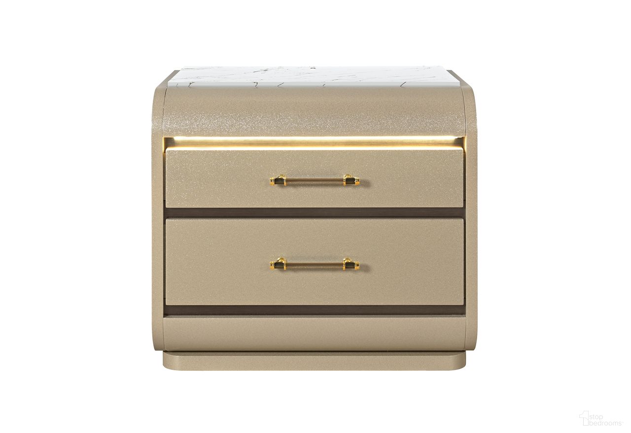 The appearance of Genesis Nightstand with LED In Gold designed by Global Furniture USA in the modern / contemporary interior design. This gold piece of furniture was selected by 1StopBedrooms from Genesis Collection to add a touch of cosiness and style into your home. Sku: GENESIS-GOLD-NS W/LED. Material: Chip Board.