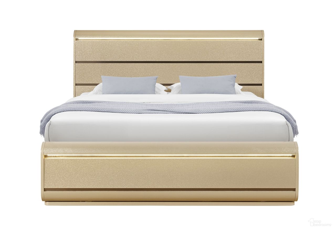 The appearance of Genesis Queen Bed with LED In Gold designed by Global Furniture USA in the modern / contemporary interior design. This gold piece of furniture was selected by 1StopBedrooms from Genesis Collection to add a touch of cosiness and style into your home. Sku: GENESIS-GOLD-QB-FB/SR/SLATS;GENESIS-GOLD-QB-HB W LED. Bed Type: Platform Bed. Bed Size: Queen. Material: Chip Board.