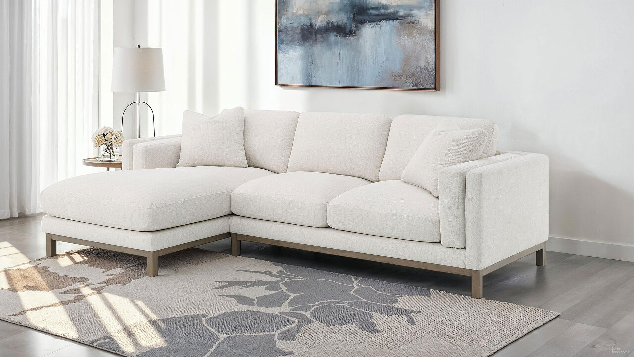 The appearance of Geneva Boucle Upholstered Sectional Chaise Sofa In Sand designed by Coaster in the transitional interior design. This sand piece of furniture  was selected by 1StopBedrooms from Geneva Collection to add a touch of cosiness and style into your home. Sku: 551777LAF;551777RAF. Material: Boucle.