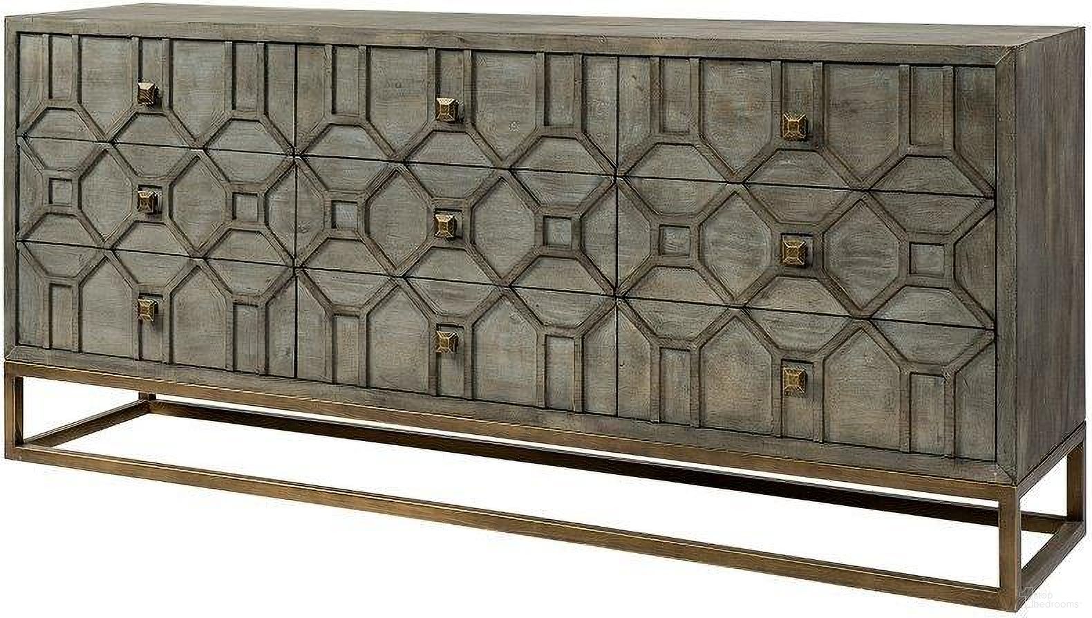 The appearance of Genevieve Ii Gray Fir Veneer With Gold Metal Frame Base 9 Drawer Sideboard designed by Mercana in the modern / contemporary interior design. This grey and gold piece of furniture was selected by 1StopBedrooms from Genevieve Collection to add a touch of cosiness and style into your home. Sku: 68116. Material: Wood.