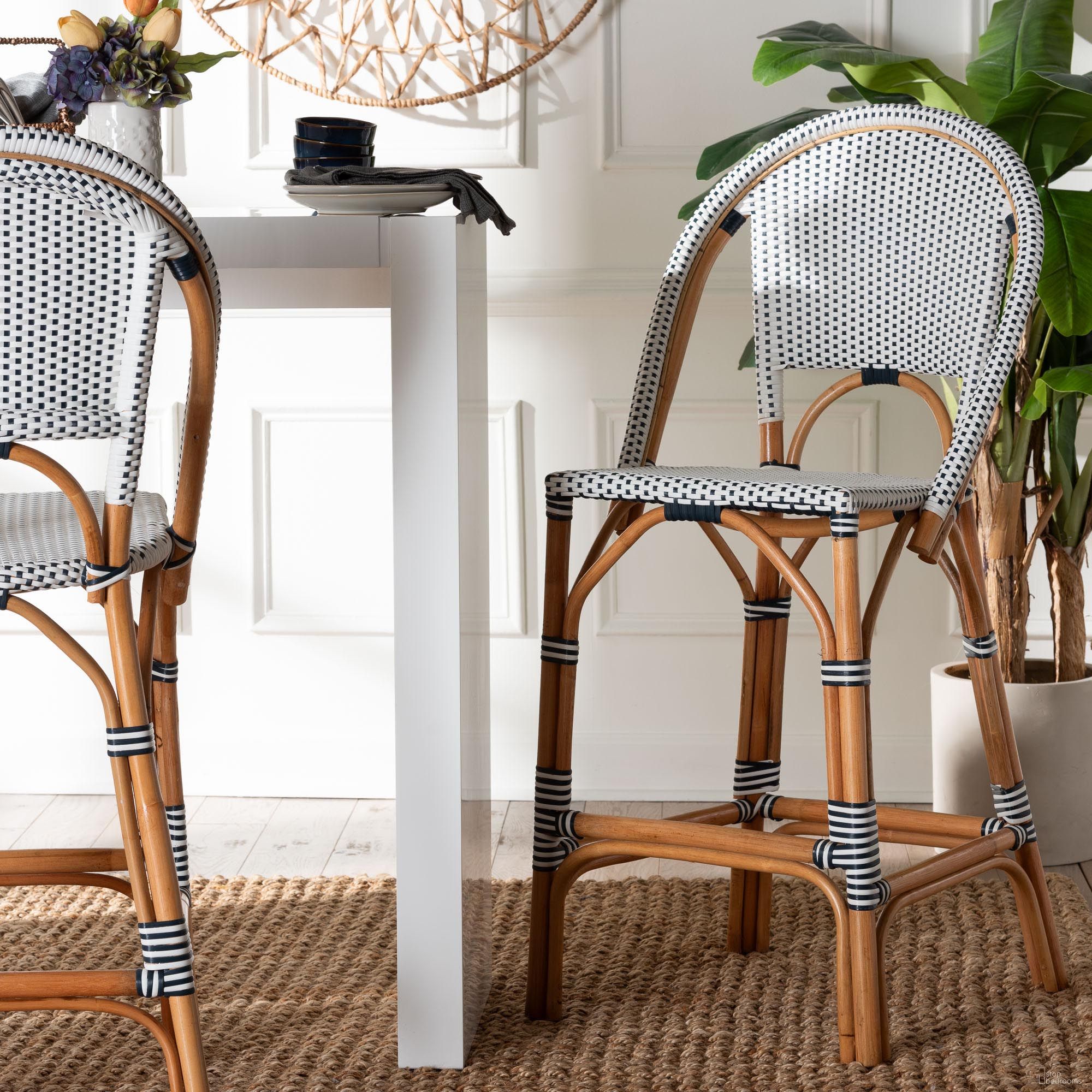 Genica Two Tone Weaving and Natural Rattan Barstool In Navy and White