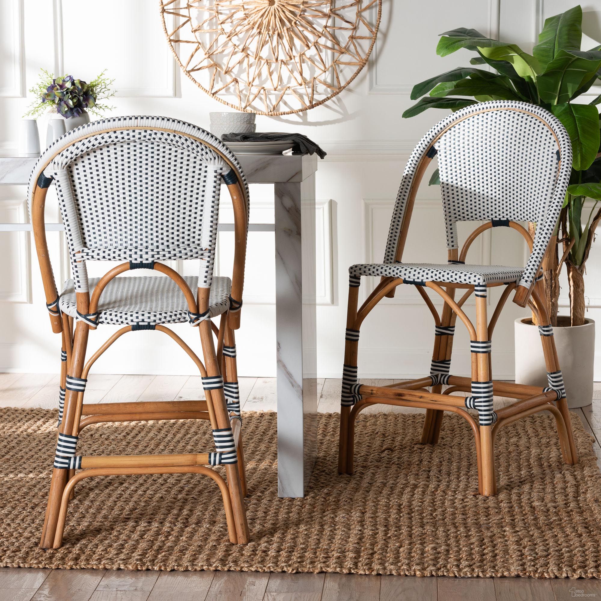 Genica Two Tone Weaving and Natural Rattan Counter Stool Set of 2 In Navy and White