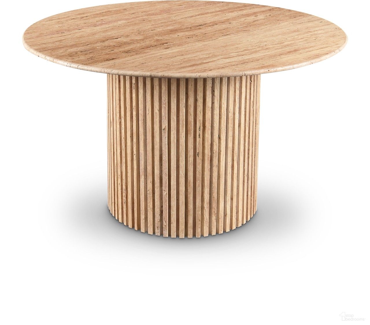 The appearance of Genoa Dining Table In Beige designed by Meridian in the modern / contemporary interior design. This beige piece of furniture  was selected by 1StopBedrooms from Genoa Collection to add a touch of cosiness and style into your home. Sku: 248Travertine-DT48 Box 1/2 (Top);248Travertine-DT48 Box 2/2 (Base). Table Base Style: Pedestal. Table Top Shape: Round. Material: Marble. Size: 48".