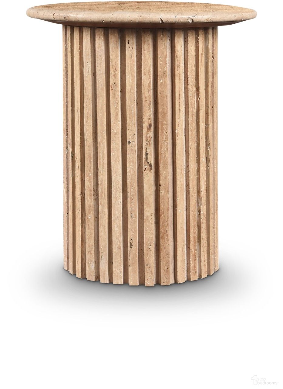 The appearance of Genoa End Table In Beige designed by Meridian in the modern / contemporary interior design. This beige piece of furniture  was selected by 1StopBedrooms from Genoa Collection to add a touch of cosiness and style into your home. Sku: 248Travertine-ET Box 1/2 (Top);248Travertine-ET Box 2/2 (Base). Material: Marble.
