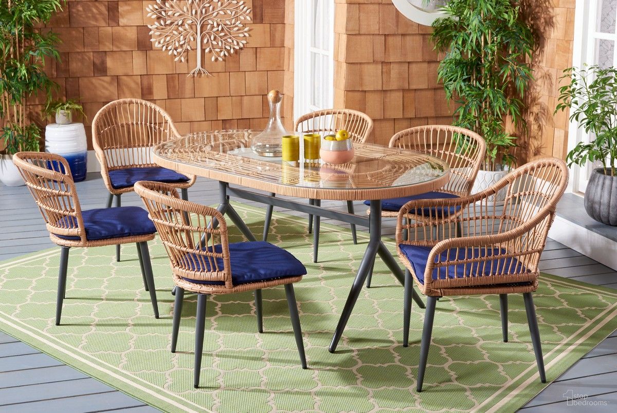The appearance of Genser 7 Piece Dining Set in Navy designed by Safavieh in the coastal interior design. This navy piece of furniture  was selected by 1StopBedrooms from Genser Collection to add a touch of cosiness and style into your home. Sku: PAT9011B-2BX. Table Base Style: Legs. Table Top Shape: Oval. Material: Steel.