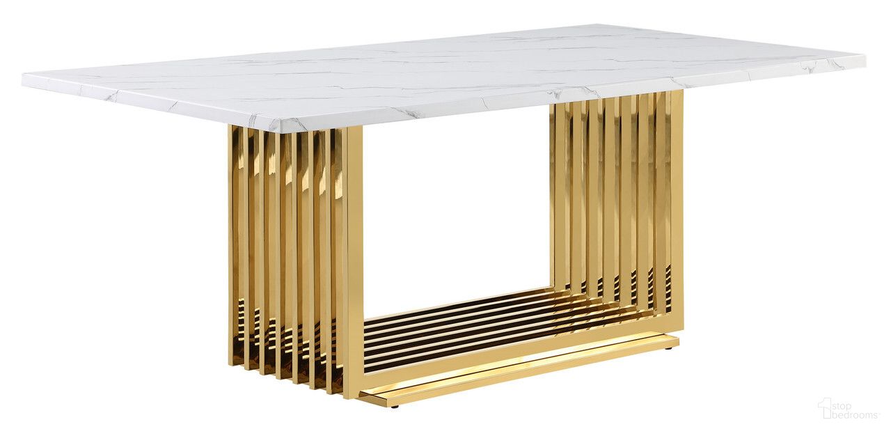 The appearance of Gerelt 79 Inch Dining Table In White Marble and Gold Steel Base designed by Best Quality Furniture in the modern / contemporary interior design. This white and gold piece of furniture  was selected by 1StopBedrooms from Gerelt Collection to add a touch of cosiness and style into your home. Sku: D313-DTT;D313-DTB. Table Base Style: Trestle. Material: Marble. Table Top Shape: Rectangular. Size: 40" x 79".