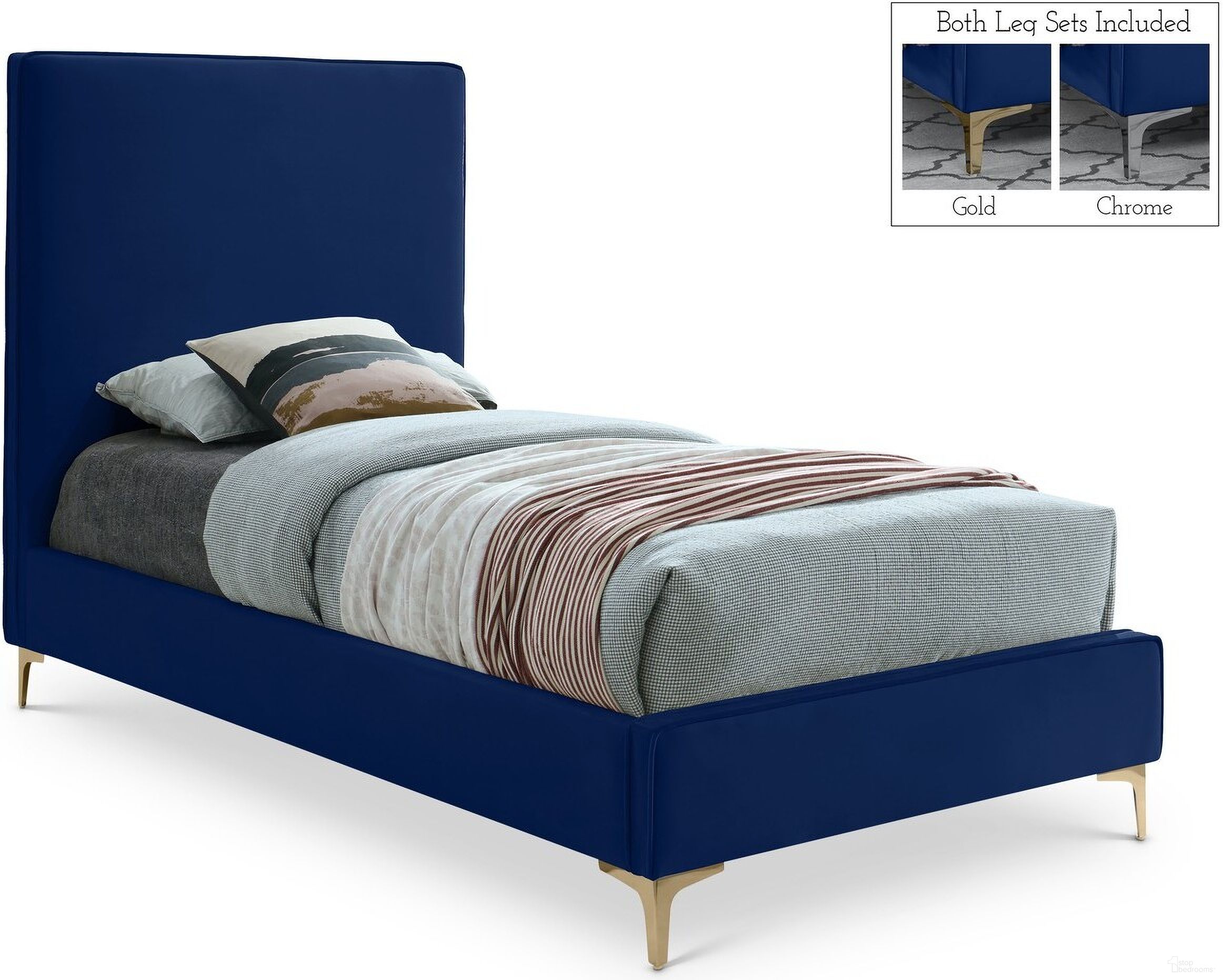 The appearance of Geri Velvet Twin Bed In Navy designed by Meridian in the modern / contemporary interior design. This navy piece of furniture  was selected by 1StopBedrooms from Geri Collection to add a touch of cosiness and style into your home. Sku: GeriNavy-T Box 1/2 (Headboard);GeriNavy-T Box 2/2 (Footboard / Siderails / Slats). Bed Type: Panel Bed. Bed Size: Twin. Material: Velvet.