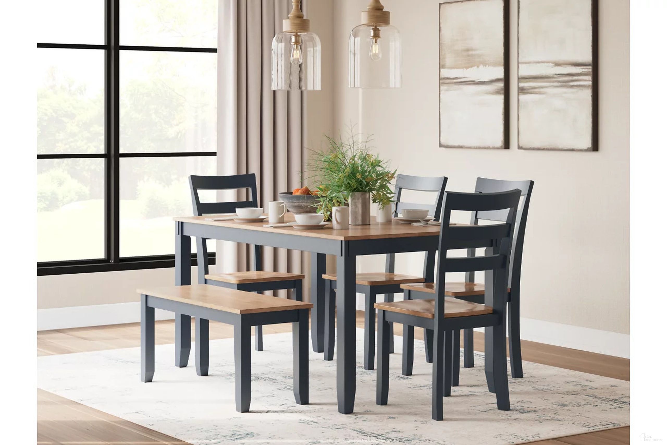 The appearance of Gesthaven 6-Piece Dining Room Set In Natural and Blue designed by Signature Design by Ashley in the transitional interior design. This natural and blue piece of furniture  was selected by 1StopBedrooms from Gesthaven Collection to add a touch of cosiness and style into your home. Sku: D399-325. Material: Wood.