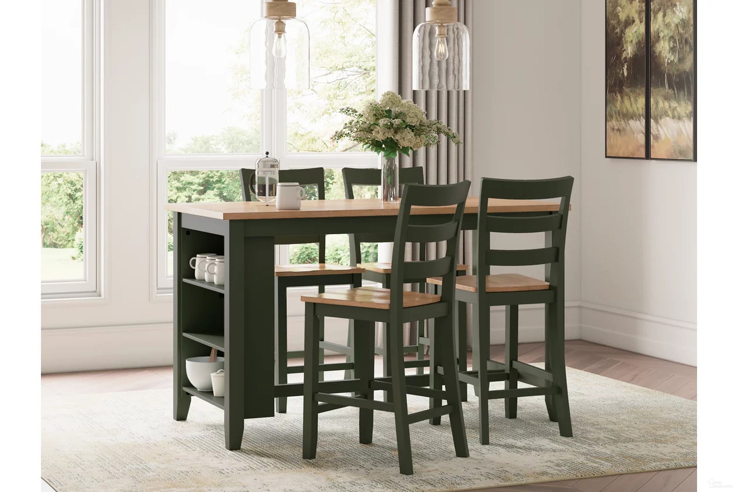 The appearance of Gesthaven Counter Height Dining Room Set In Natural and Green designed by Signature Design by Ashley in the transitional interior design. This natural and green piece of furniture was selected by 1StopBedrooms from Gesthaven Collection to add a touch of cosiness and style into your home. Sku: D401-13;D401-124;D401-124. Table Base Style: Trestle. Material: Wood. Size: 30" x 60".