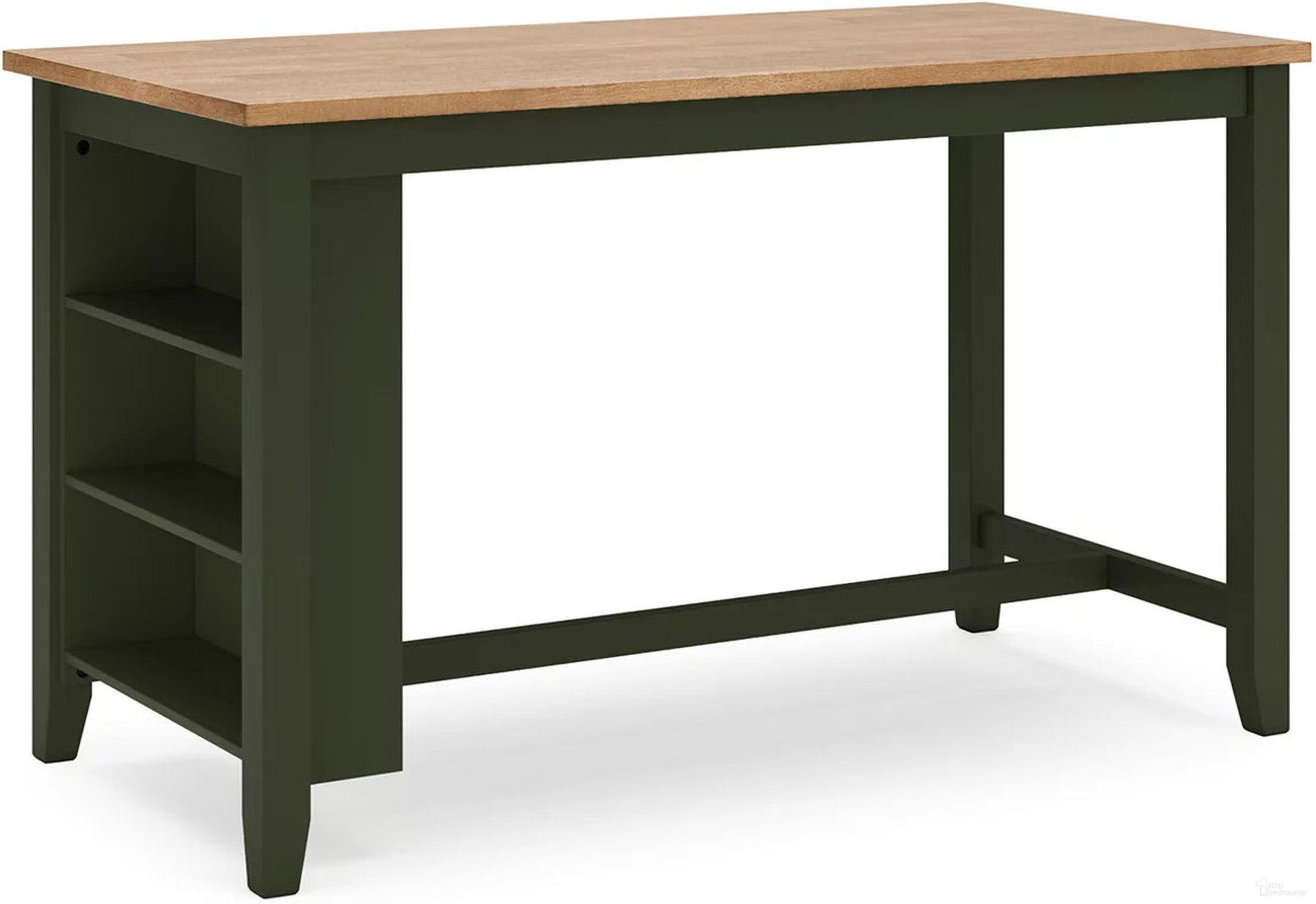 The appearance of Gesthaven Counter Height Dining Table In Natural and Green designed by Signature Design by Ashley in the transitional interior design. This natural and green piece of furniture was selected by 1StopBedrooms from Gesthaven Collection to add a touch of cosiness and style into your home. Sku: D401-13. Table Base Style: Trestle. Material: Wood. Table Top Shape: Rectangular. Size: 30" x 60".
