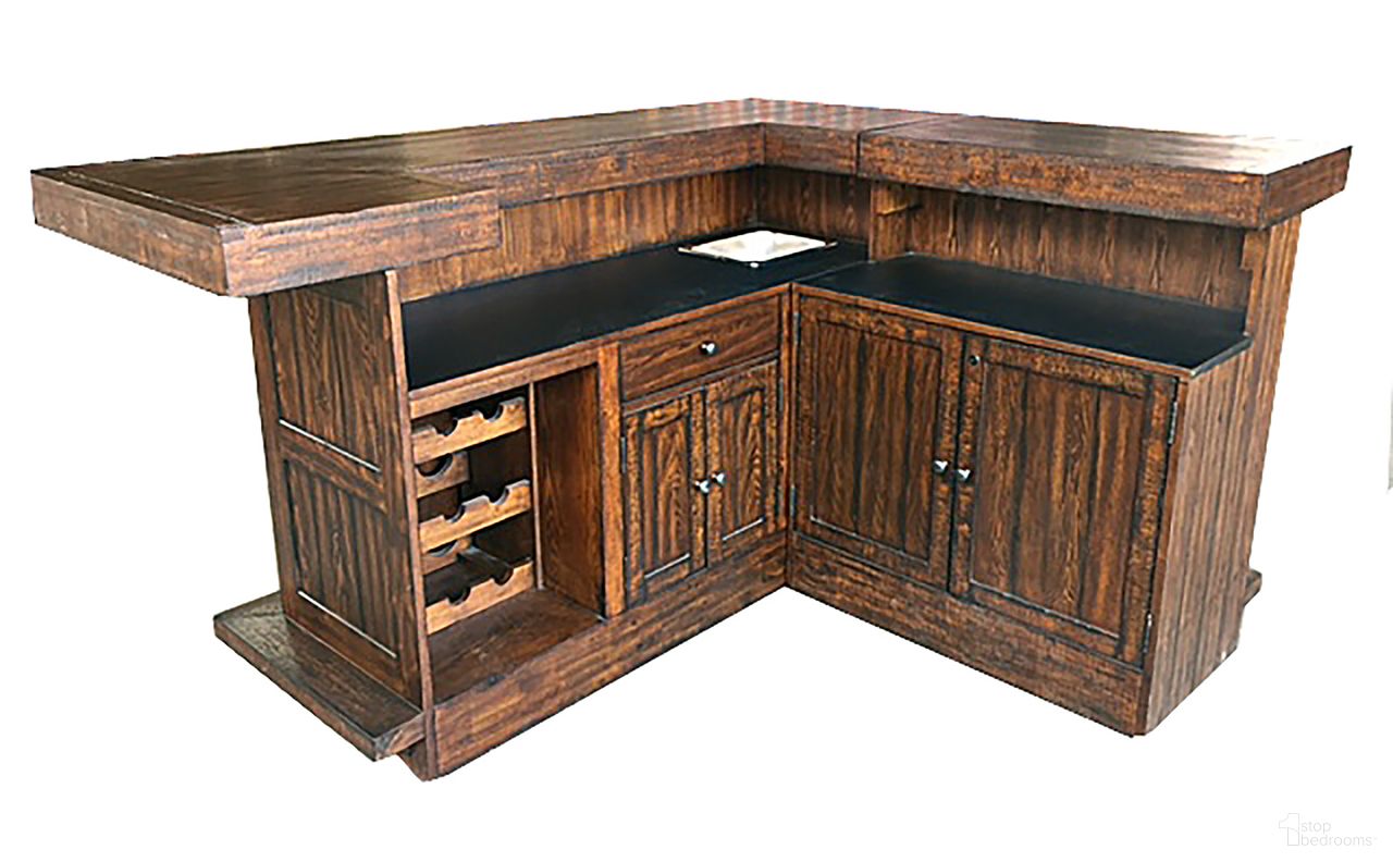 The appearance of Gettysburg Return Bar Complete In Dark Distressed designed by ECI in the rustic / southwestern interior design. This distressed piece of furniture was selected by 1StopBedrooms from Gettysburg Collection to add a touch of cosiness and style into your home. Sku: 1475-05-RT;1475-05-RB;1475-05-R. Material: Hardwood.