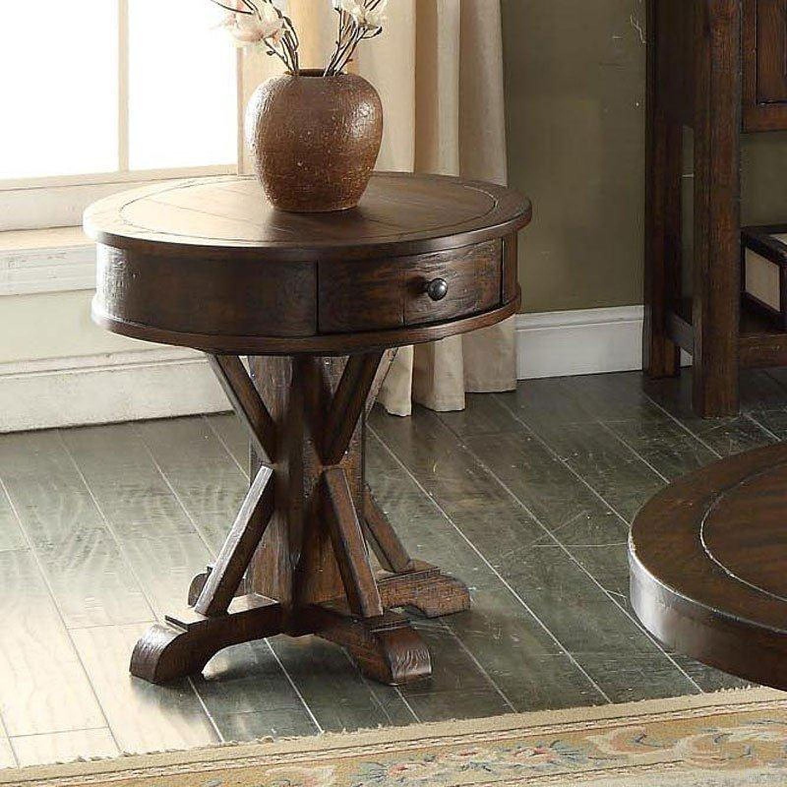 The appearance of Gettysburg Heavy Distressed Dark Round End Table designed by ECI in the transitional interior design. This brown piece of furniture was selected by 1StopBedrooms from Gettysburg Collection to add a touch of cosiness and style into your home. Sku: 1475-05-RET. Material: Wood.