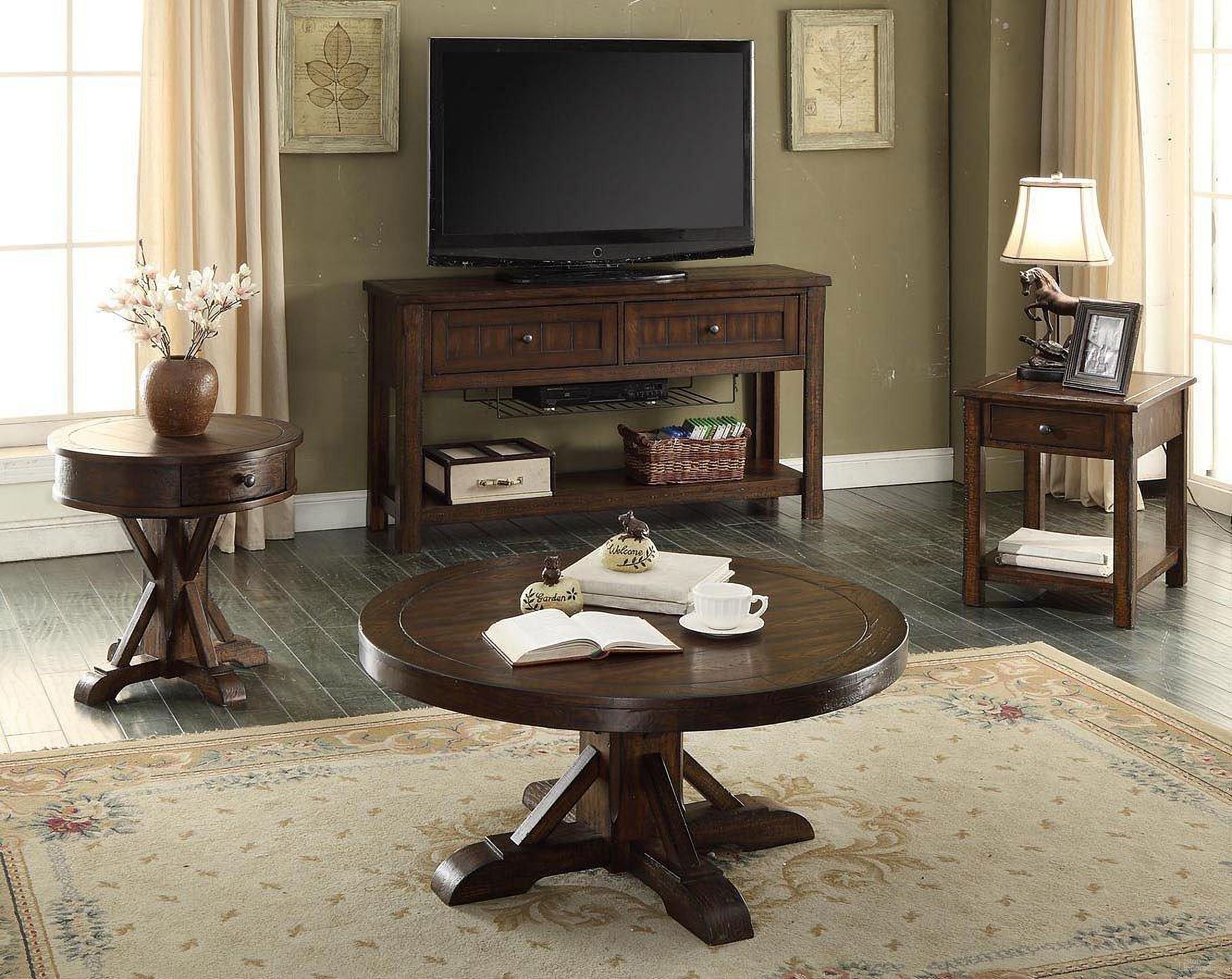 The appearance of Gettysburg Occasional Table Set designed by ECI in the transitional interior design. This distressed oak piece of furniture was selected by 1StopBedrooms from Gettysburg Collection to add a touch of cosiness and style into your home. Sku: 1475-05-RCKT-T/B;1475-05-RET. Material: Wood.
