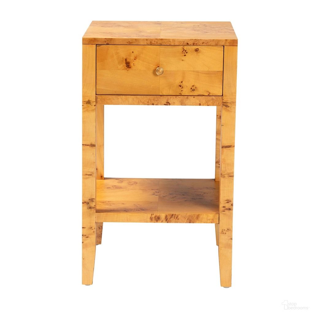 The appearance of Ghina Natural Wood 1-Drawer Nightstand In Mappa Burl designed by Baxton Studio in the modern / contemporary interior design. This mappa burl piece of furniture was selected by 1StopBedrooms from Ghina Collection to add a touch of cosiness and style into your home. Sku: SVN-1517B-Natural Burl Op1-Ghina-NS. Material: Burl Veneer.