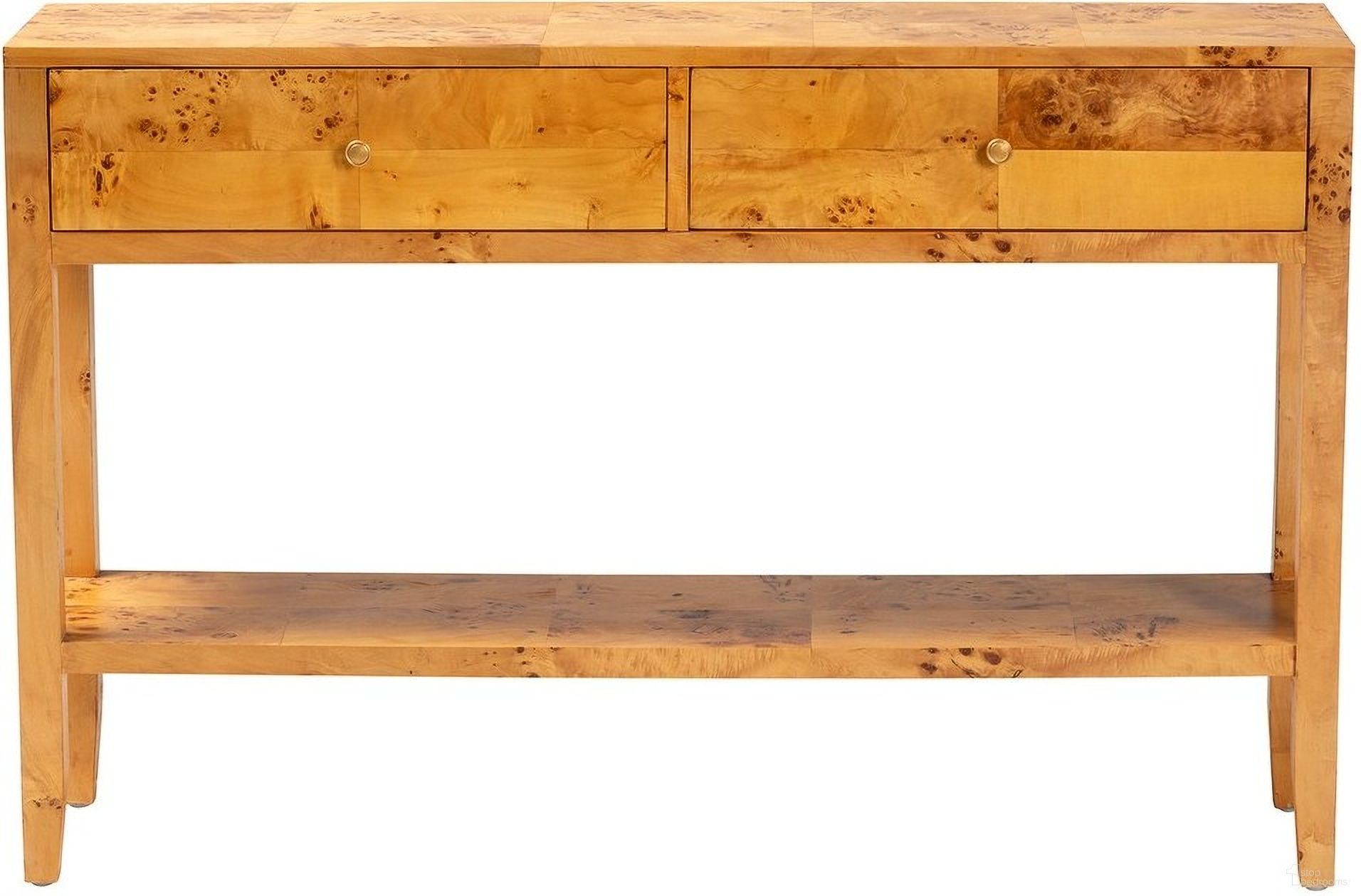 The appearance of Ghina Natural Wood 2-Drawer Console Table In Mappa Burl designed by Baxton Studio in the modern / contemporary interior design. This mappa burl piece of furniture was selected by 1StopBedrooms from Ghina Collection to add a touch of cosiness and style into your home. Sku: SVN-1518-Natural Burl Op1-Ghina-Console Table. Material: Burl Veneer.
