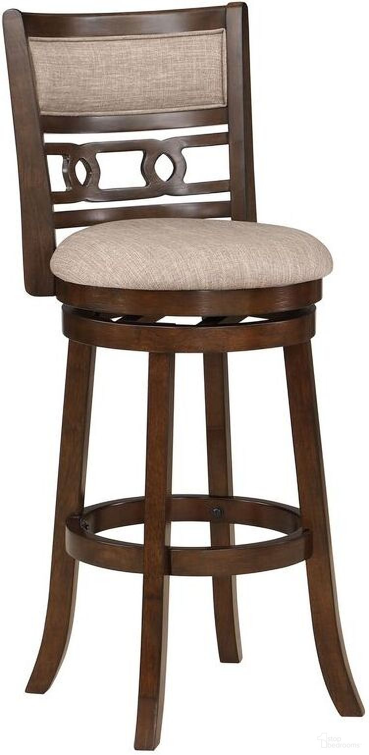 The appearance of Gia 29 Inch Swivel Barstool with Fabric Seat In Cherry and Brown designed by New Classic in the transitional interior design. This cherry piece of furniture  was selected by 1StopBedrooms from Gia Collection to add a touch of cosiness and style into your home. Sku: S1701-BS-CHY. Material: Wood.