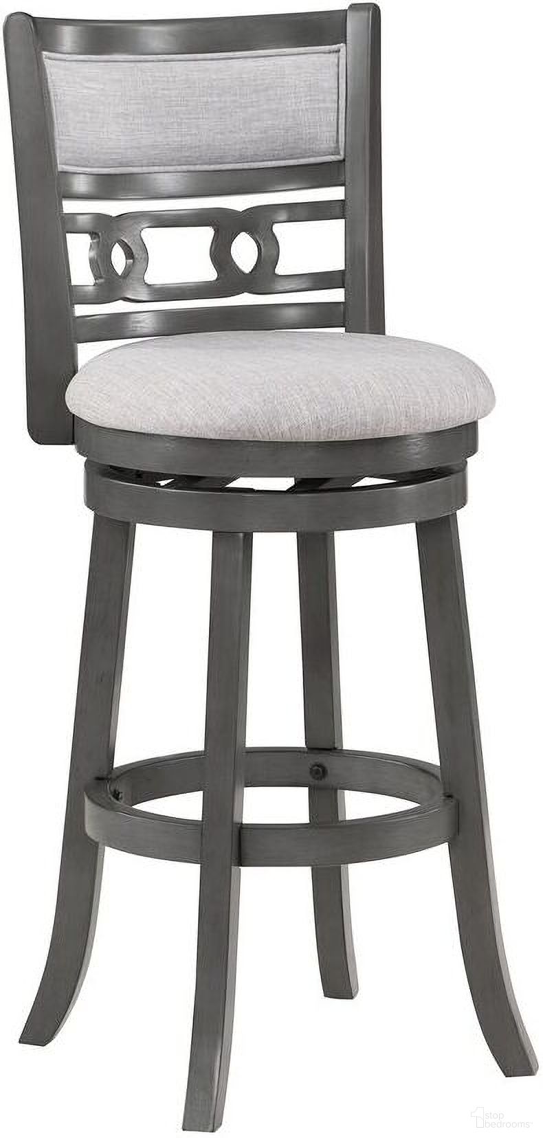 The appearance of Gia 29 Inch Swivel Barstool with Fabric Seat In Gray designed by New Classic in the transitional interior design. This gray piece of furniture was selected by 1StopBedrooms from Gia Collection to add a touch of cosiness and style into your home. Sku: S1701-BS-GRY. Material: Wood.