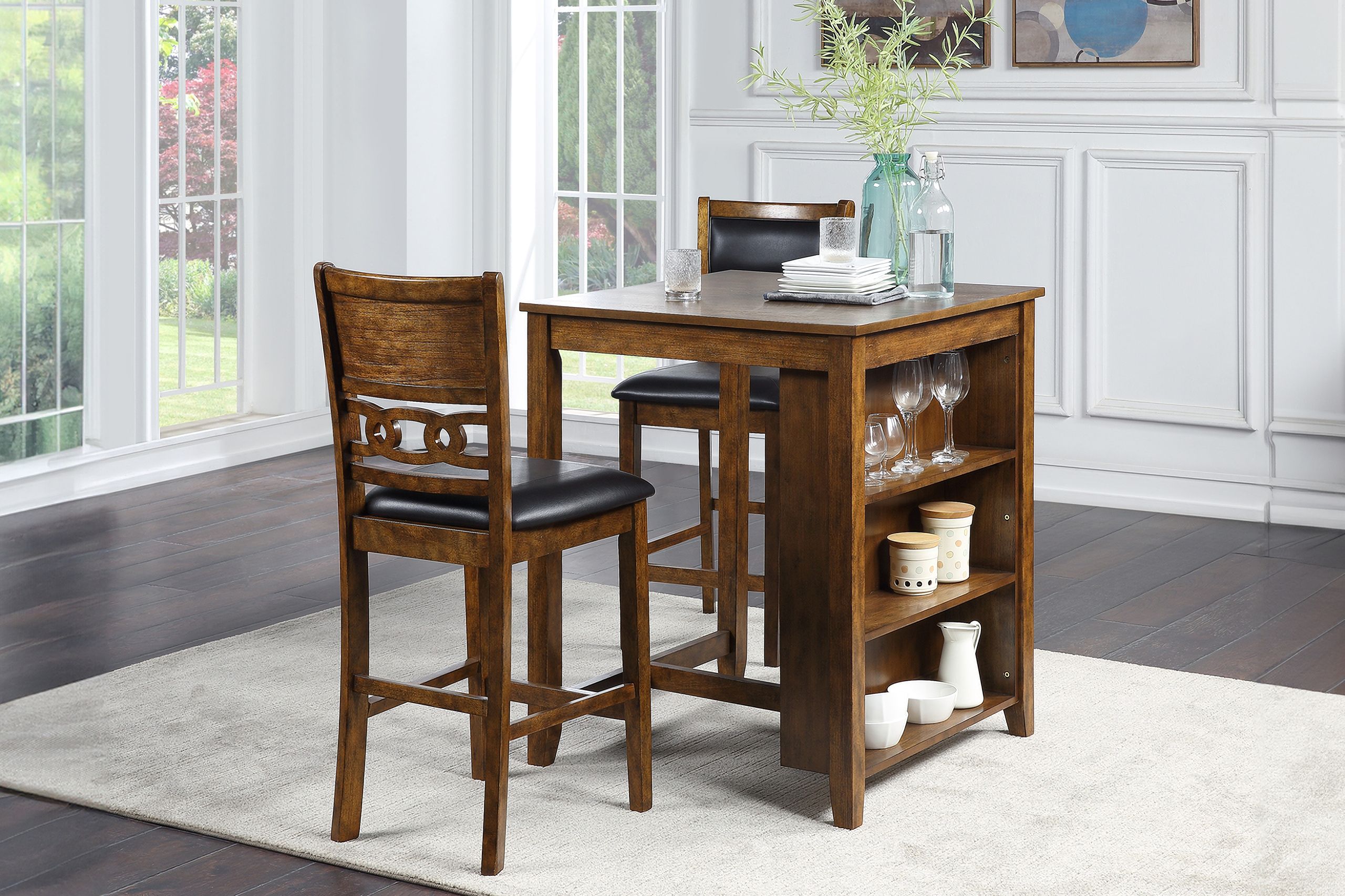 The appearance of Gia 3 Piece 30 Inch Storage Counter Table and 2 Chairs In Brown designed by New Classic in the transitional interior design. This brown piece of furniture was selected by 1StopBedrooms from Gia Collection to add a touch of cosiness and style into your home. Sku: D1701-32S-BRN. Material: Wood.