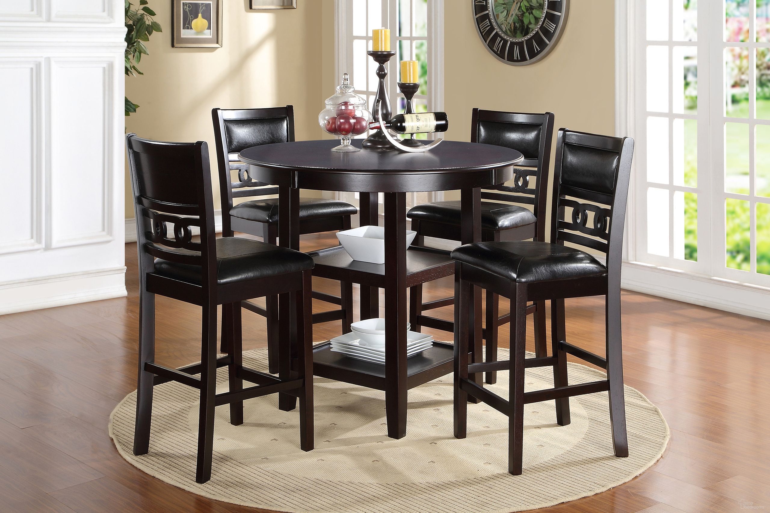 The appearance of Gia 5 Piece 42 Inch Round Counter Dining Table and 4 Chairs In Ebony designed by New Classic in the transitional interior design. This ebony piece of furniture  was selected by 1StopBedrooms from Gia Collection to add a touch of cosiness and style into your home. Sku: D1701-52S. Material: Wood.