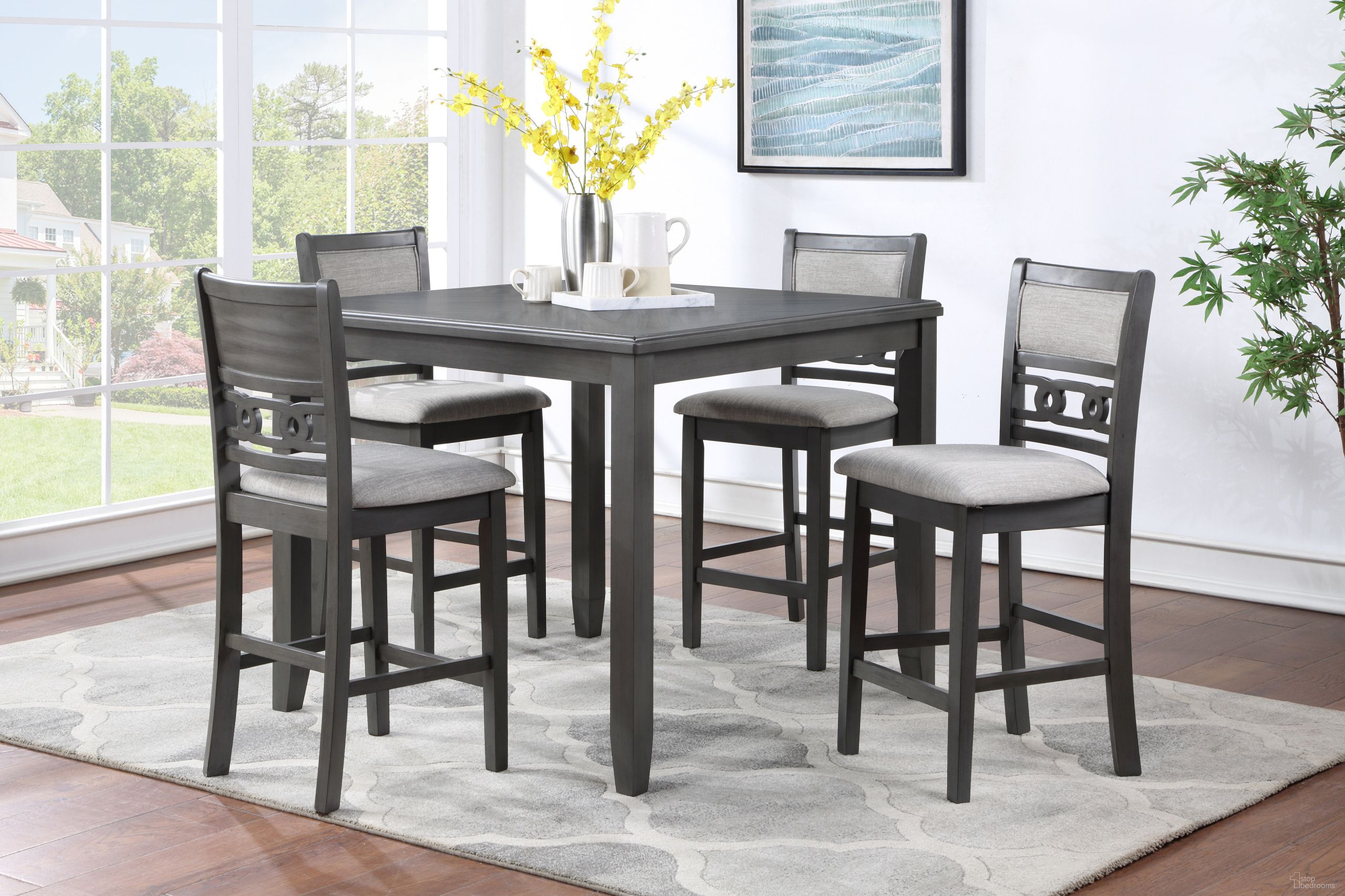 The appearance of Gia 5 Piece 42 Inch Square Counter Table and 4 Chairs In Gray designed by New Classic in the transitional interior design. This gray piece of furniture was selected by 1StopBedrooms from Gia Collection to add a touch of cosiness and style into your home. Sku: D1701-542-GRY. Material: Wood.