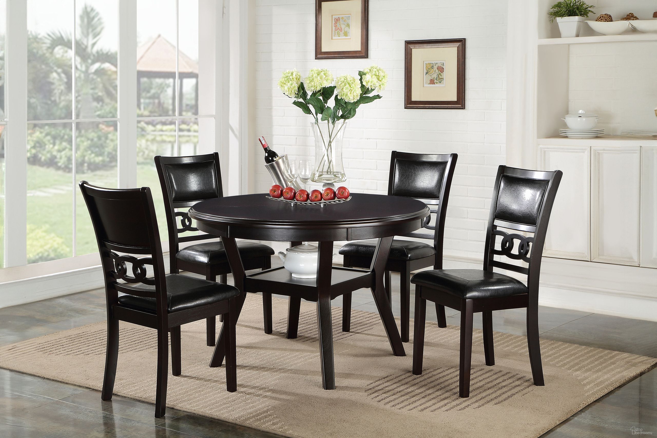 The appearance of Gia 5 Piece 47 Inch Round Dining Table and 4 Chairs In Ebony designed by New Classic in the transitional interior design. This ebony piece of furniture  was selected by 1StopBedrooms from Gia Collection to add a touch of cosiness and style into your home. Sku: D1701-50S. Material: Wood.