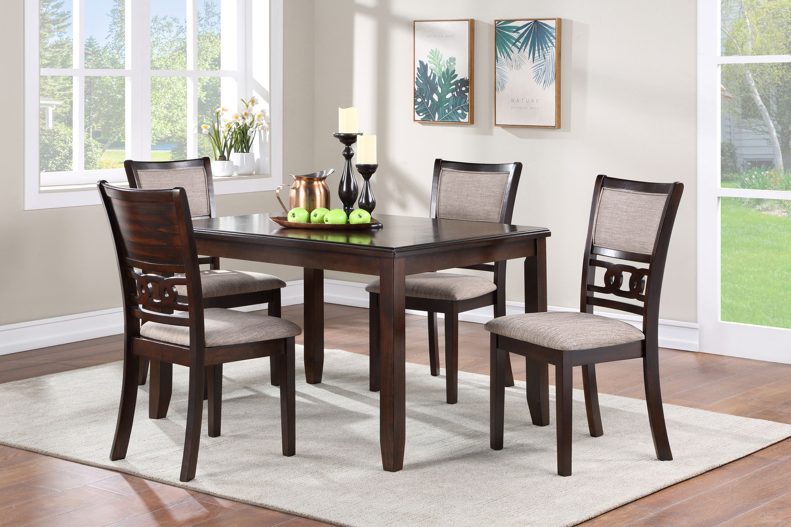 The appearance of Gia 5 Piece 48 Inch Rectangle Dining Table and 4 Chairs In Cherry designed by New Classic in the transitional interior design. This cherry piece of furniture  was selected by 1StopBedrooms from Gia Collection to add a touch of cosiness and style into your home. Sku: D1701-548-CHY. Material: Wood.
