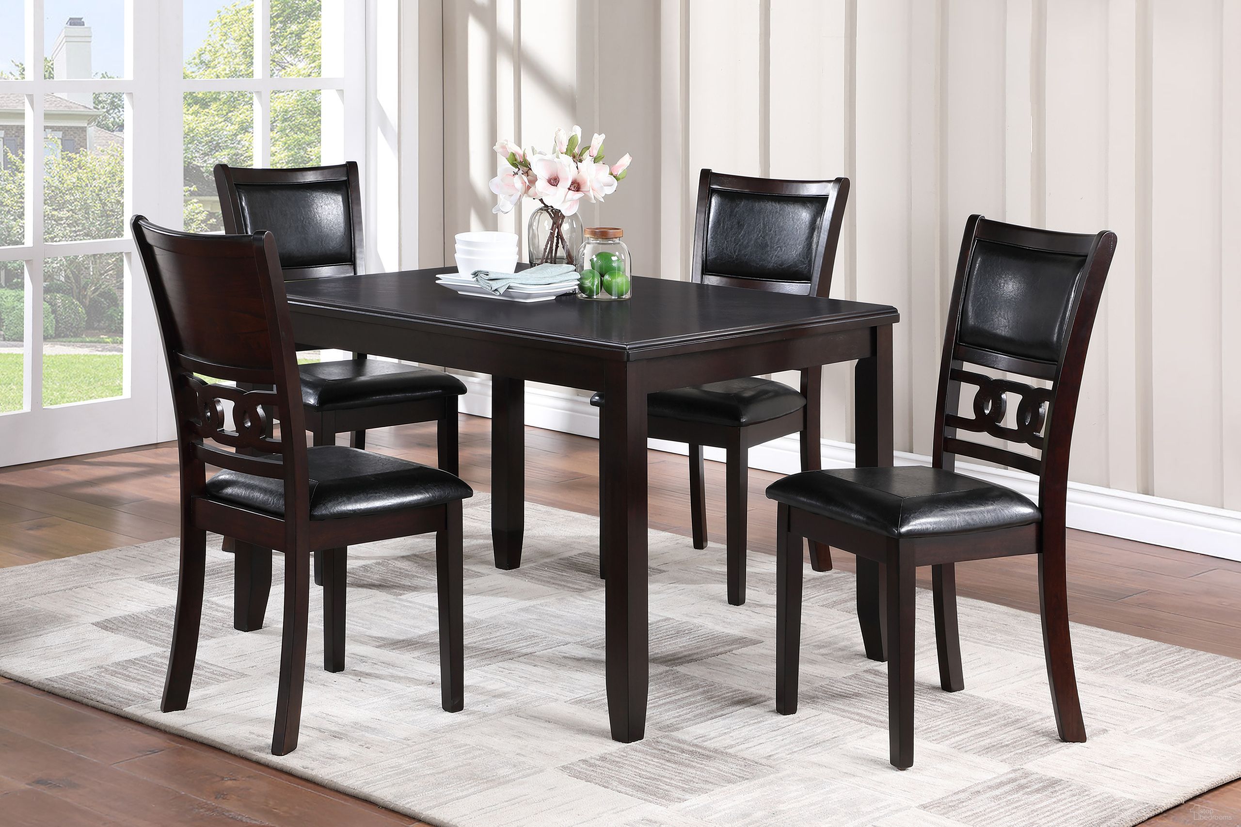 The appearance of Gia 5 Piece 48 Inch Rectangle Dining Table and 4 Chairs In Ebony designed by New Classic in the transitional interior design. This ebony piece of furniture  was selected by 1StopBedrooms from Gia Collection to add a touch of cosiness and style into your home. Sku: D1701-548-EBY. Material: Wood.