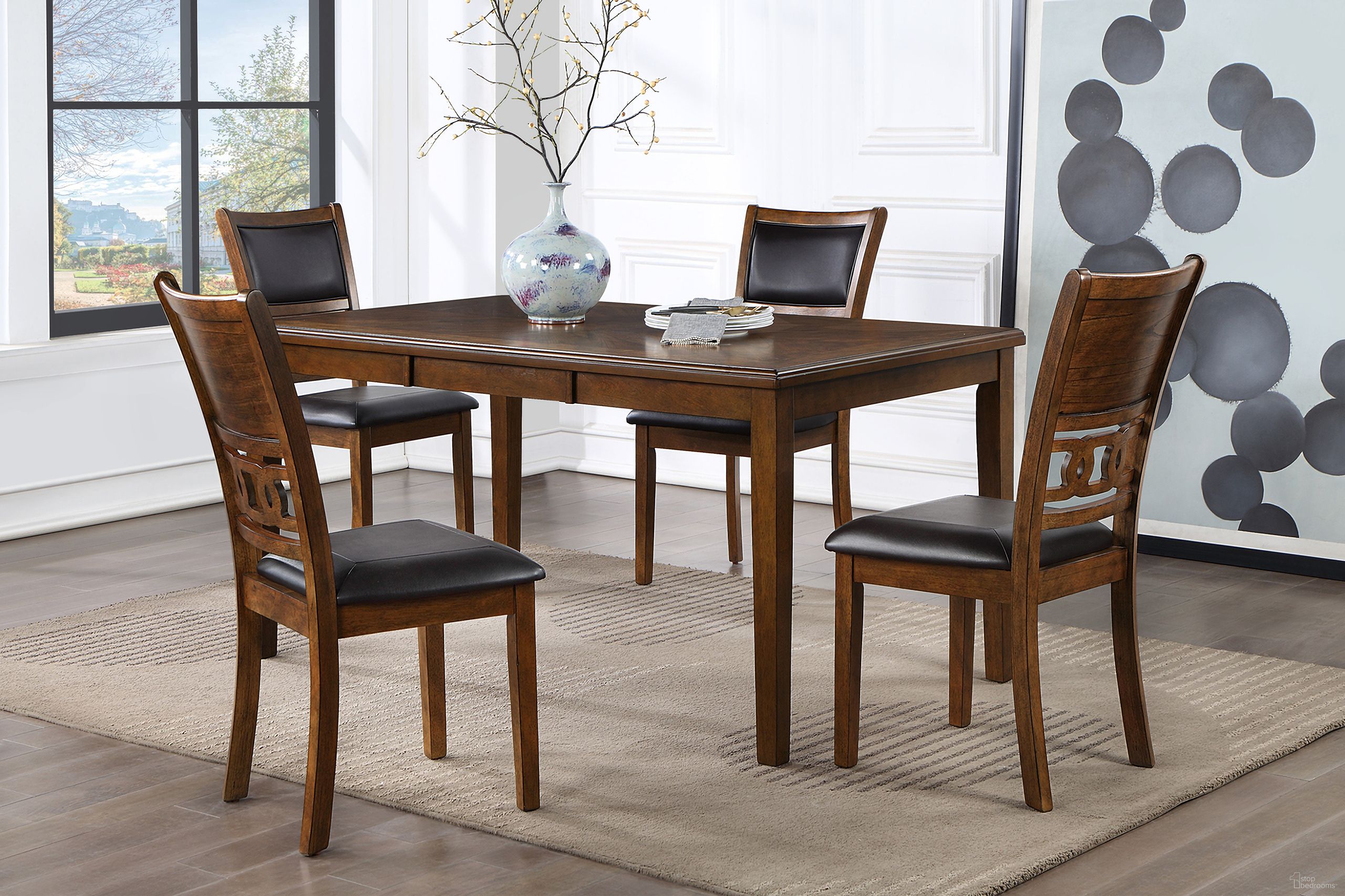 The appearance of Gia 5 Piece 60 Inch Dining Table and 4 Chairs In Brown designed by New Classic in the transitional interior design. This brown piece of furniture  was selected by 1StopBedrooms from Gia Collection to add a touch of cosiness and style into your home. Sku: D1701-160-BRN. Material: Wood.