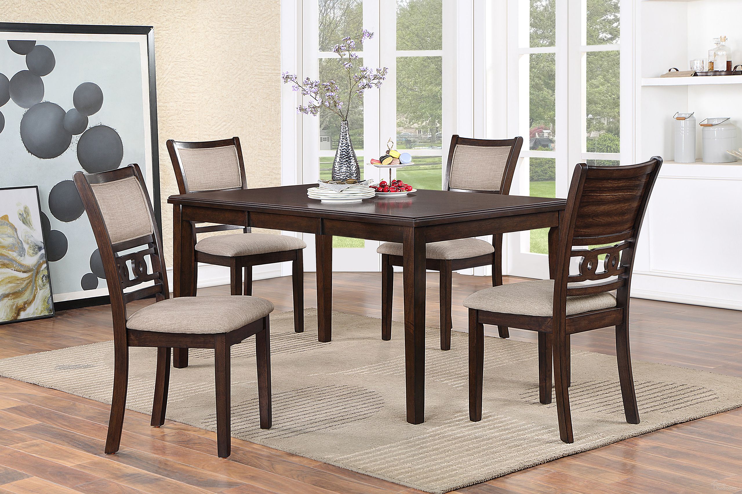 The appearance of Gia 5 Piece 60 Inch Dining Table and 4 Chairs In Cherry designed by New Classic in the transitional interior design. This cherry piece of furniture  was selected by 1StopBedrooms from Gia Collection to add a touch of cosiness and style into your home. Sku: D1701-160-CHY. Material: Wood.