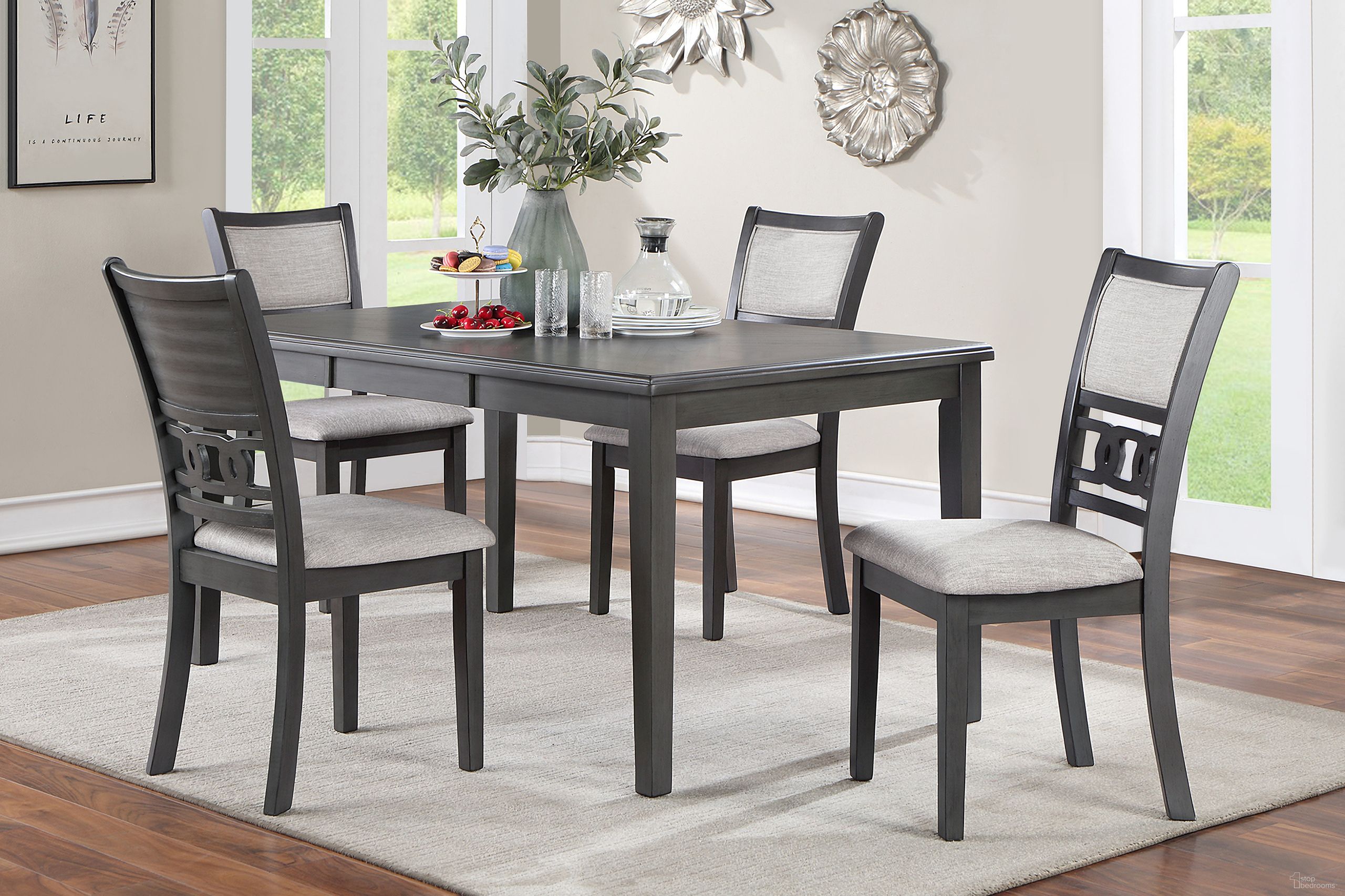 The appearance of Gia 5 Piece 60 Inch Dining Table and 4 Chairs In Gray designed by New Classic in the transitional interior design. This gray piece of furniture  was selected by 1StopBedrooms from Gia Collection to add a touch of cosiness and style into your home. Sku: D1701-160-GRY. Material: Wood.