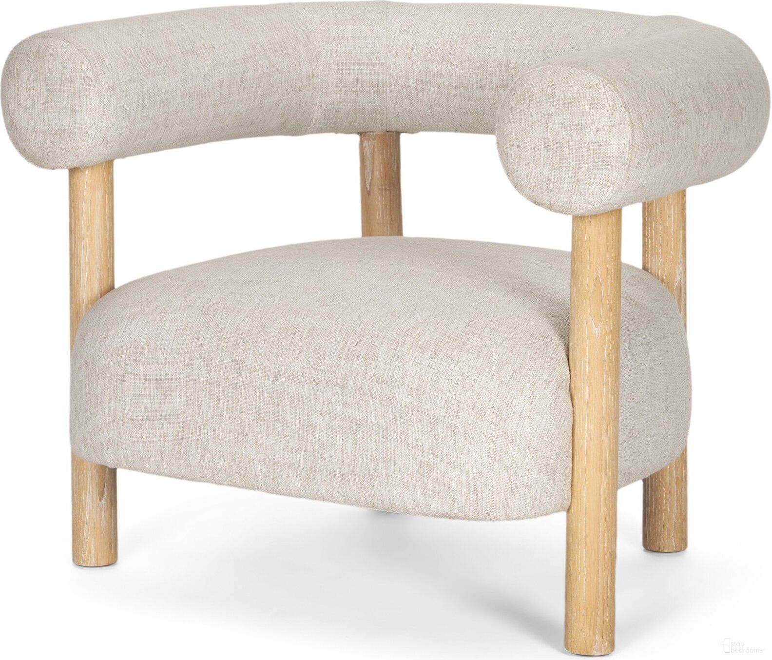 The appearance of Gianna Open Back Accent Chair In Light Brown Wood with Oatmeal Fabric designed by Mercana in the modern / contemporary interior design. This oatmeal/light brown piece of furniture  was selected by 1StopBedrooms from Gianna Collection to add a touch of cosiness and style into your home. Sku: 70585. Material: Fabric.