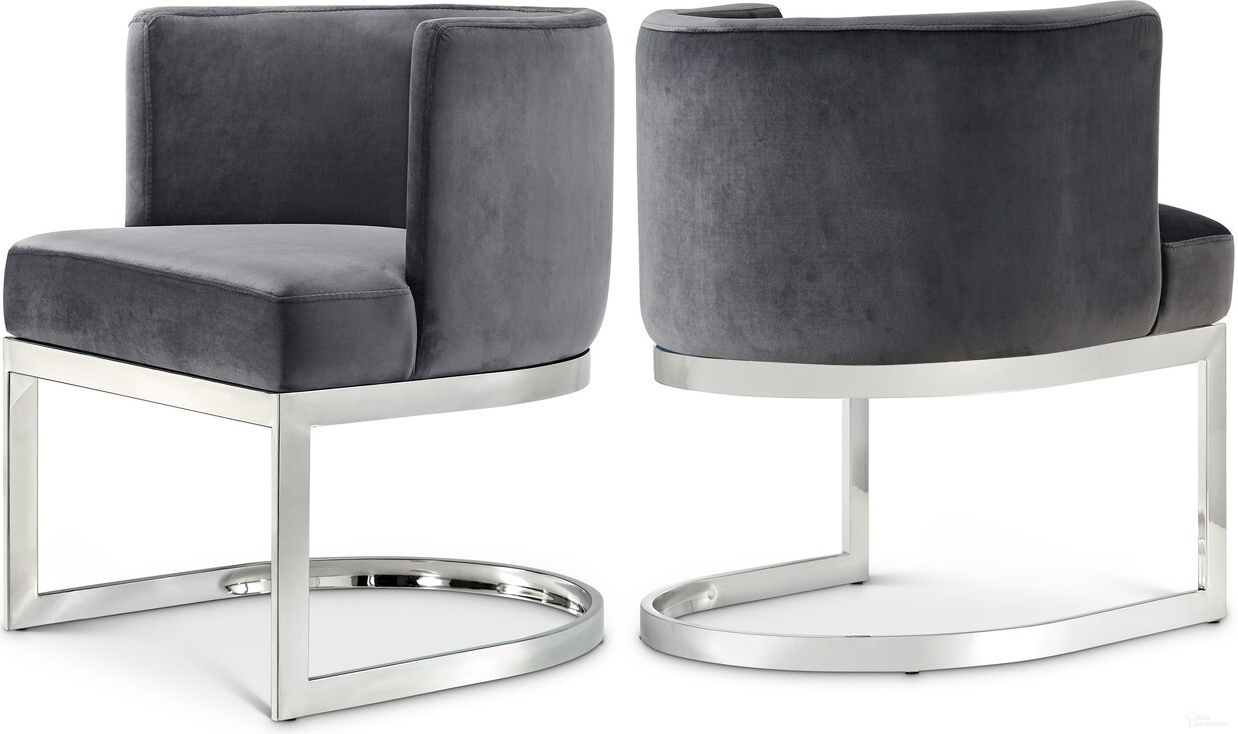 The appearance of Gianna Velvet Dining Chair In Grey/Chrome designed by Meridian in the modern / contemporary interior design. This grey piece of furniture was selected by 1StopBedrooms from Gianna Collection to add a touch of cosiness and style into your home. Sku: 734Grey-C. Material: Velvet. Chair Type: Side Chair.