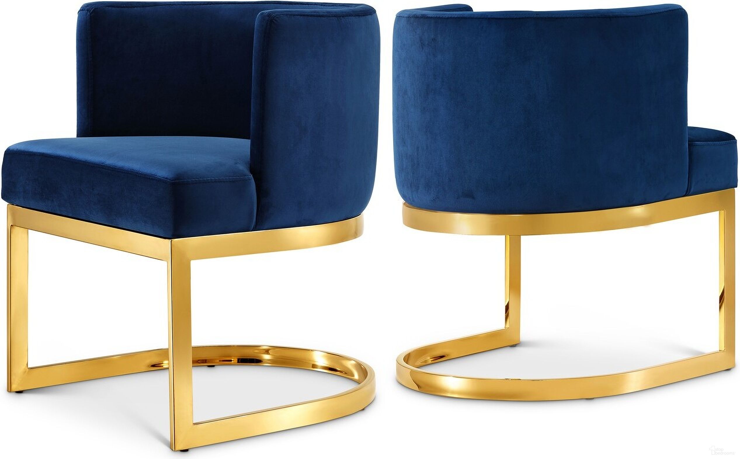 The appearance of Gianna Velvet Dining Chair In Navy/Gold designed by Meridian in the modern / contemporary interior design. This navy piece of furniture  was selected by 1StopBedrooms from Gianna Collection to add a touch of cosiness and style into your home. Sku: 718Navy-C. Material: Velvet. Chair Type: Side Chair.
