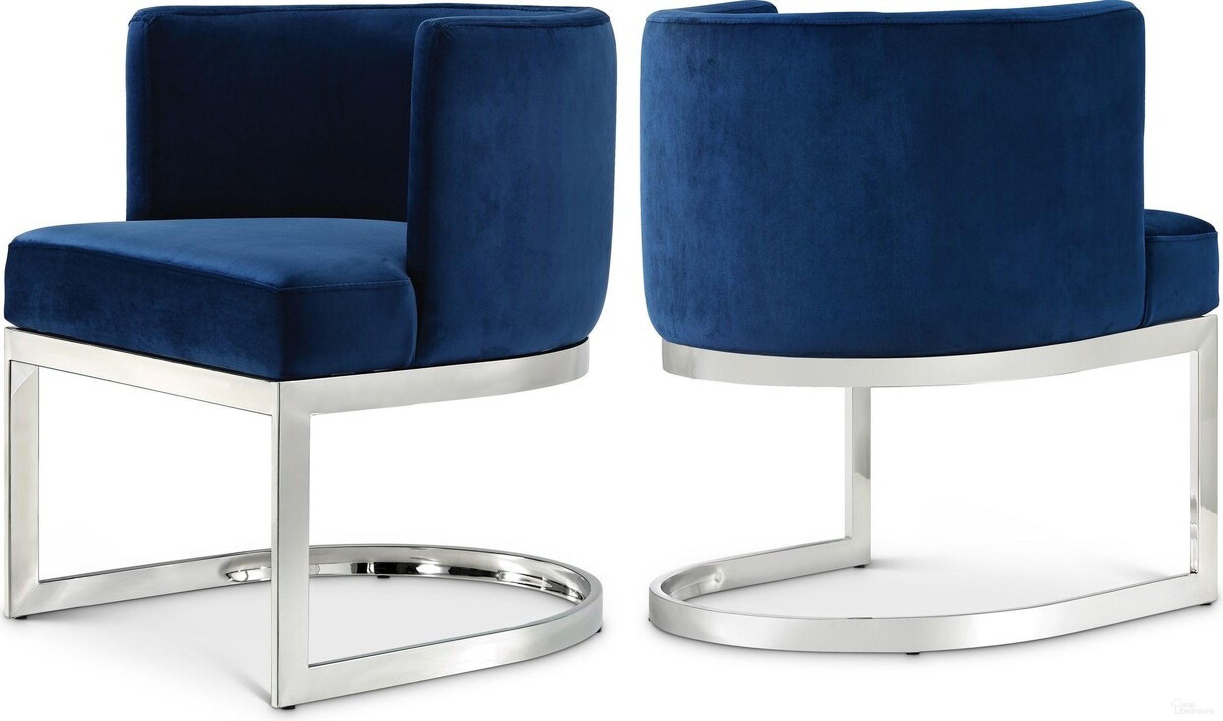 The appearance of Gianna Velvet Dining Chair In Navy/Chrome designed by Meridian in the modern / contemporary interior design. This navy piece of furniture  was selected by 1StopBedrooms from Gianna Collection to add a touch of cosiness and style into your home. Sku: 734Navy-C. Material: Velvet. Chair Type: Side Chair.